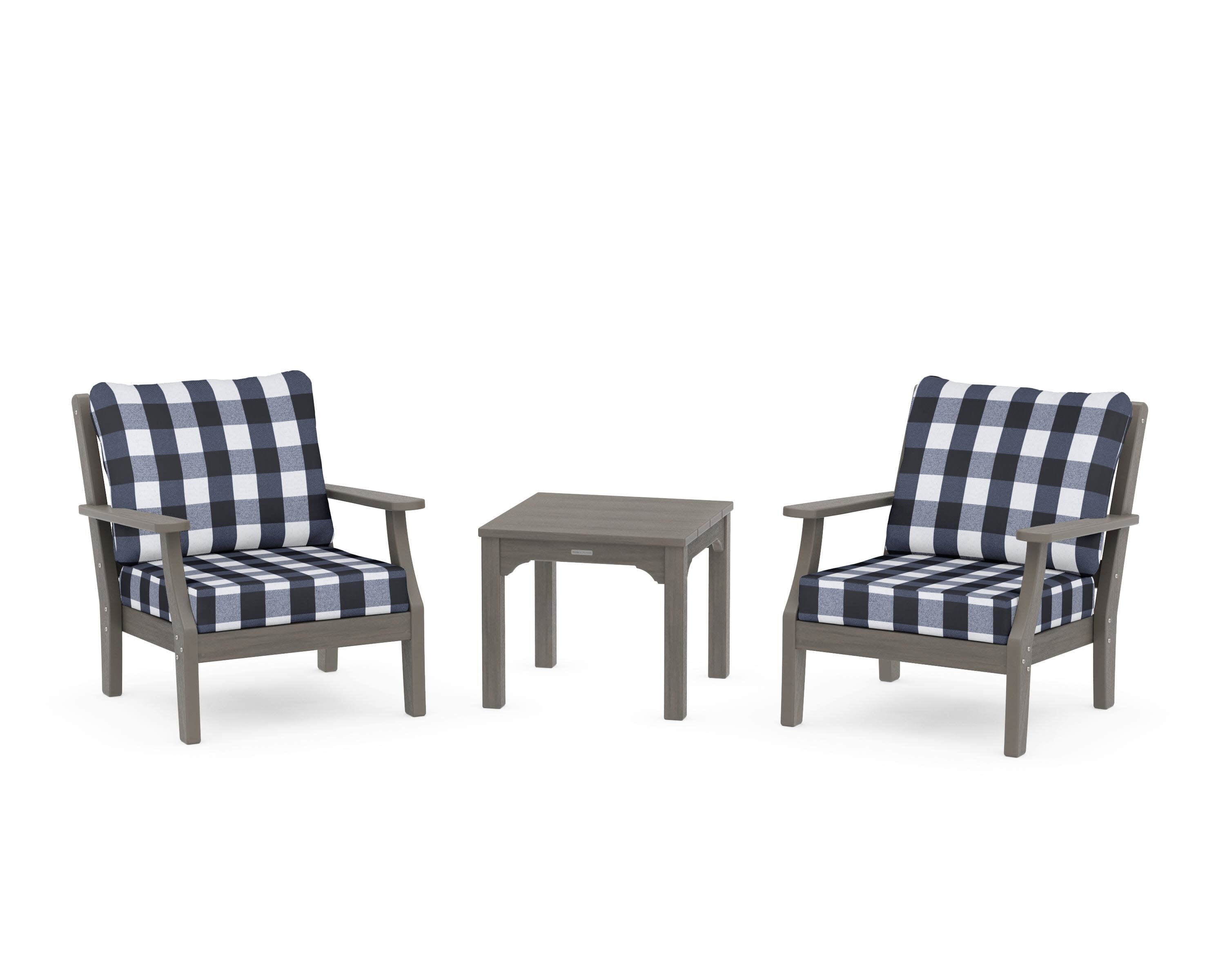 Chinoiserie 3-Piece Deep Seating Set in Driftwood / Buffalo Plaid Marine Indigo