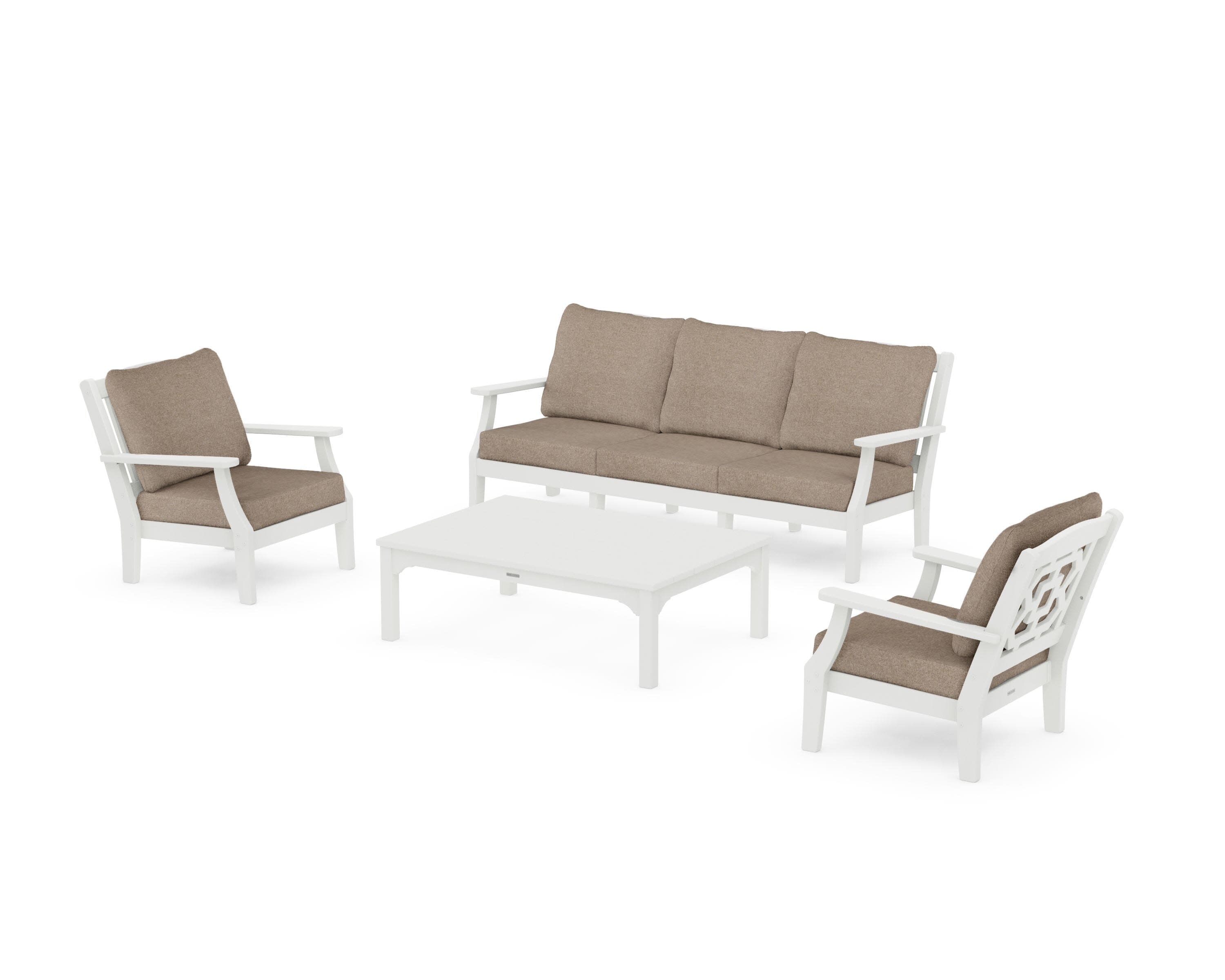 Chinoiserie 4-Piece Deep Seating Set with Sofa in Vintage White / Spiced Burlap