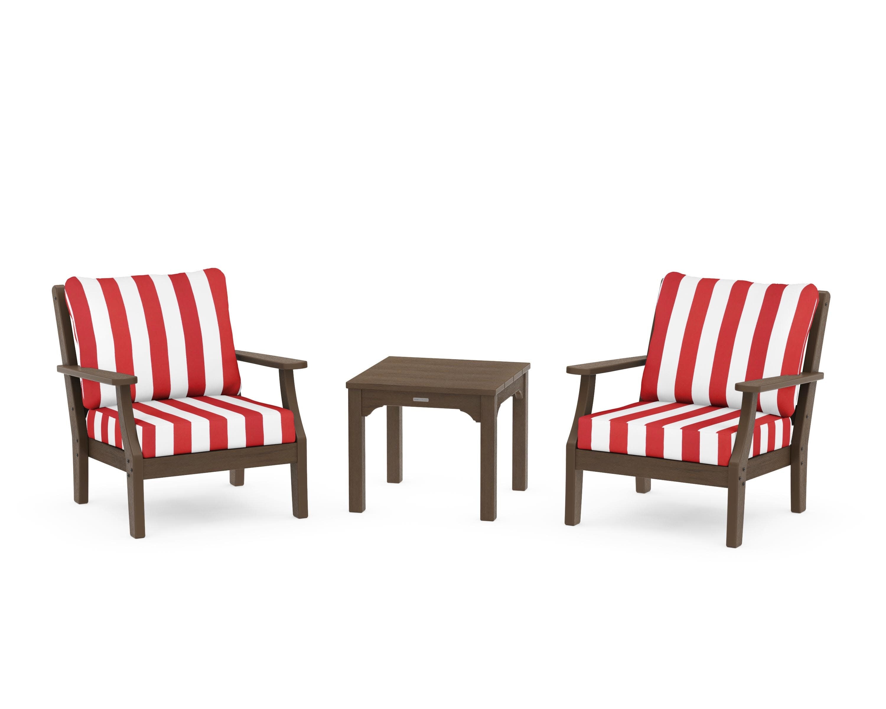 Chinoiserie 3-Piece Deep Seating Set in Kona / Cabana Stripe Crimson