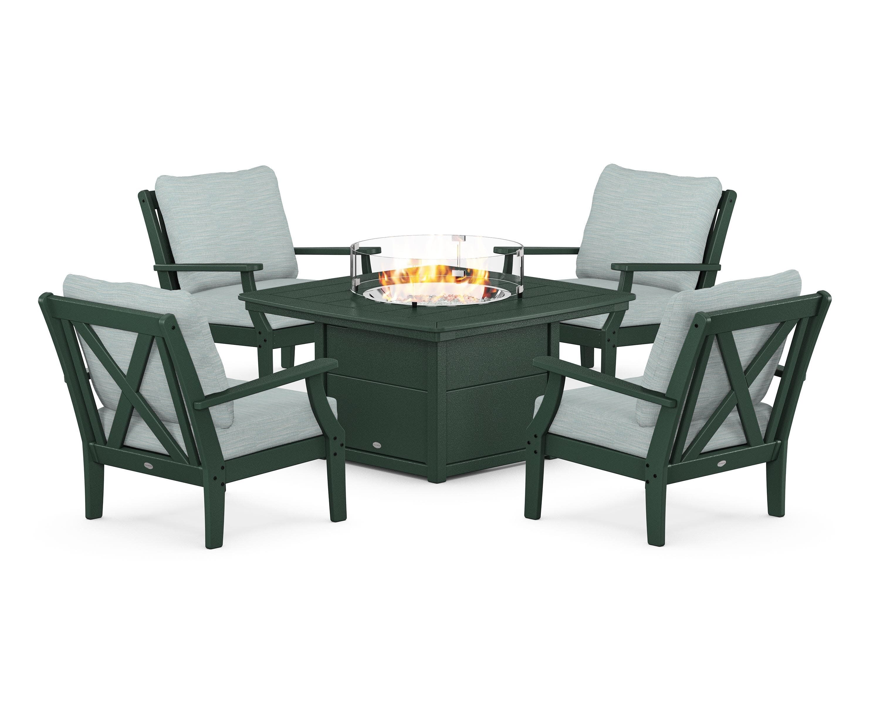 Braxton 5-Piece Deep Seating Conversation Set with Fire Pit Table in Green / Soothe Mist