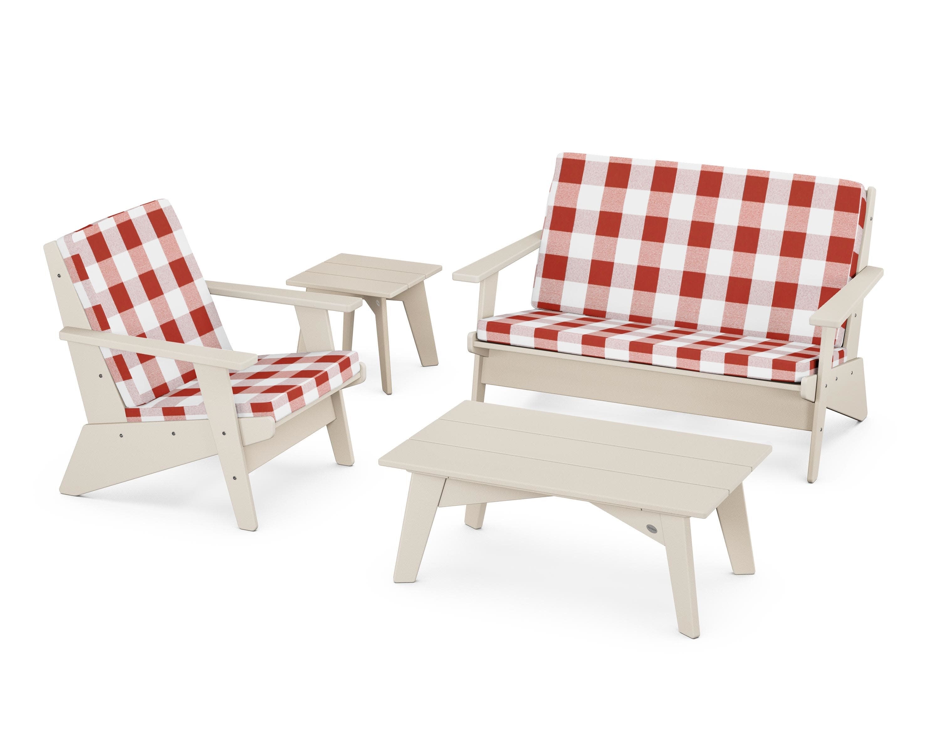 Riviera Modern Lounge 4-Piece Set in Sand / Buffalo Plaid Crimson