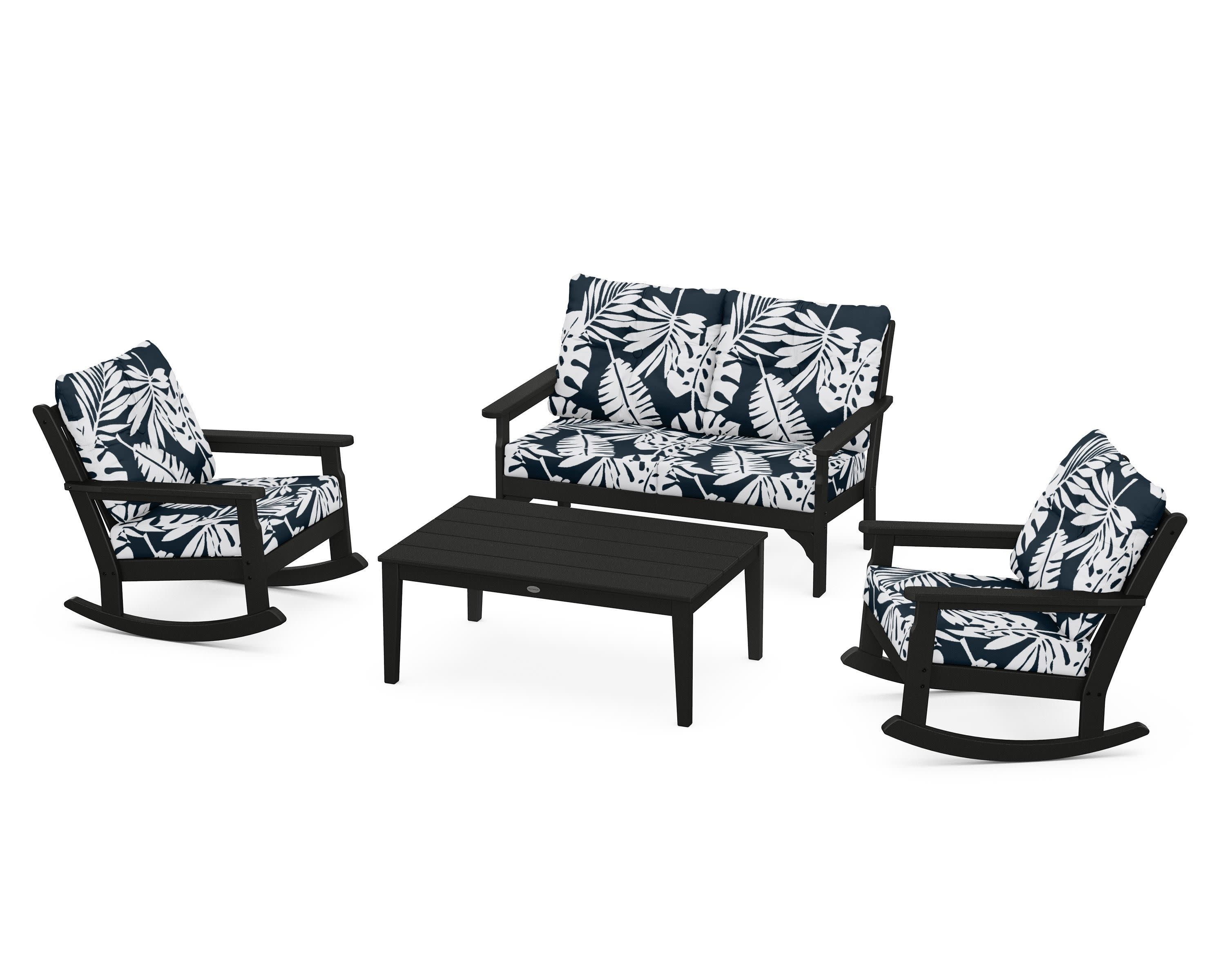 Vineyard 4-Piece Deep Seating Rocking Chair Set in Black / Leaf Marine Indigo