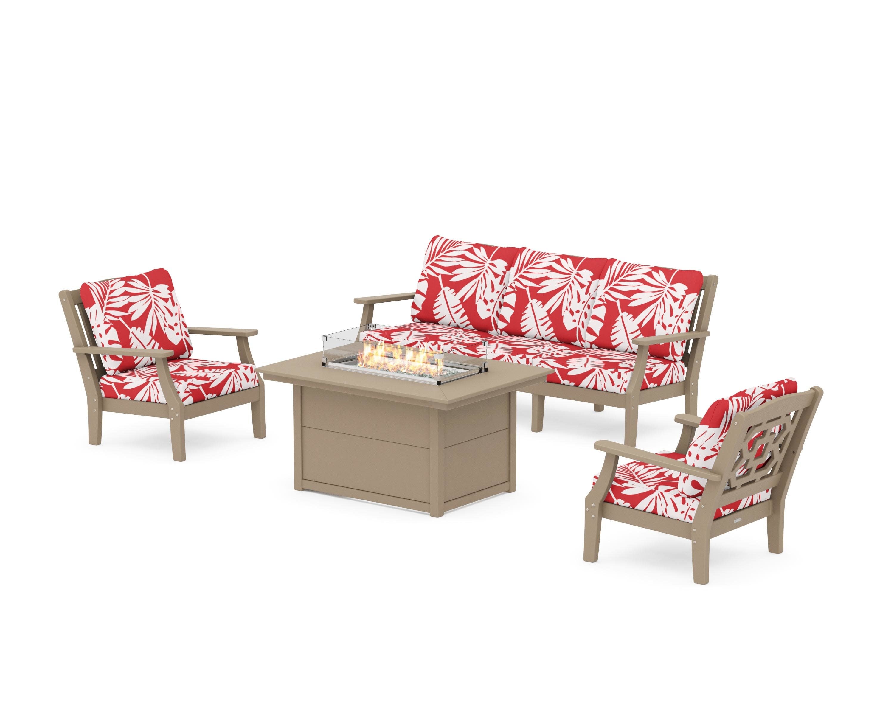 Chinoiserie Deep Seating Fire Pit Table Set in Vintage Sahara / Leaf Crimson