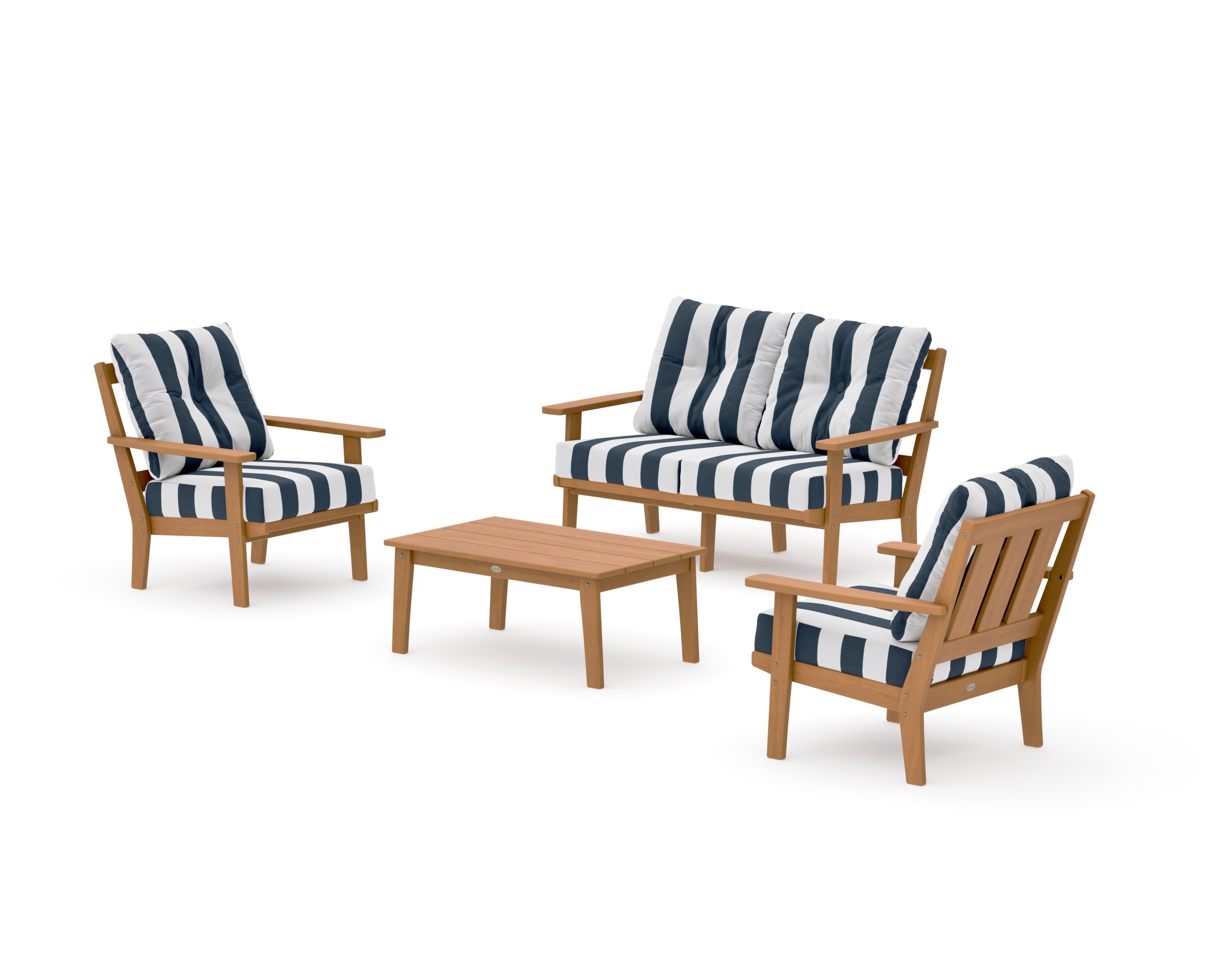 Oxford 4-Piece Deep Seating Set with Loveseat in Natural / Cabana Stripe Marine Indigo