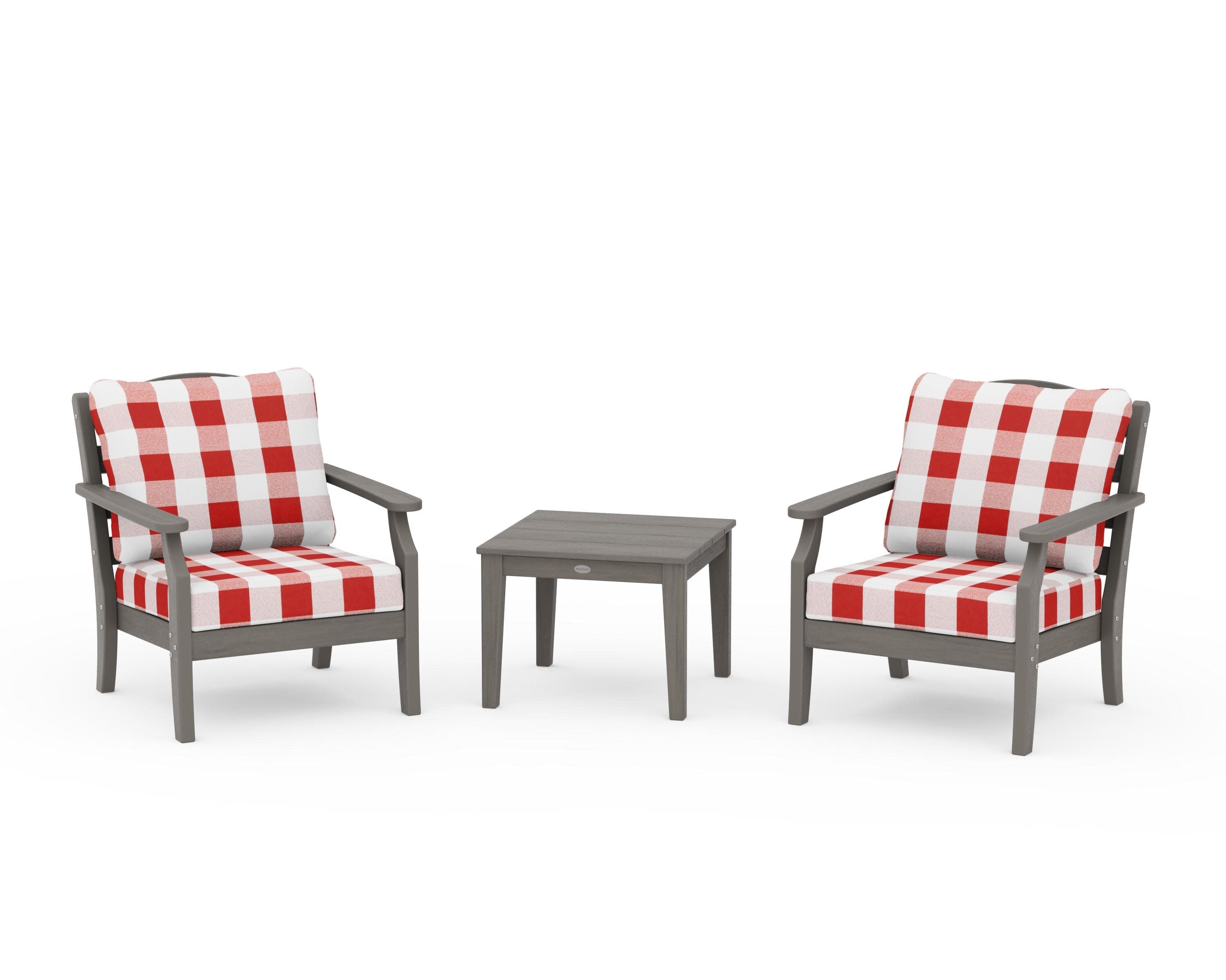Savannah 3-Piece Deep Seating Set in Driftwood / Buffalo Plaid Crimson