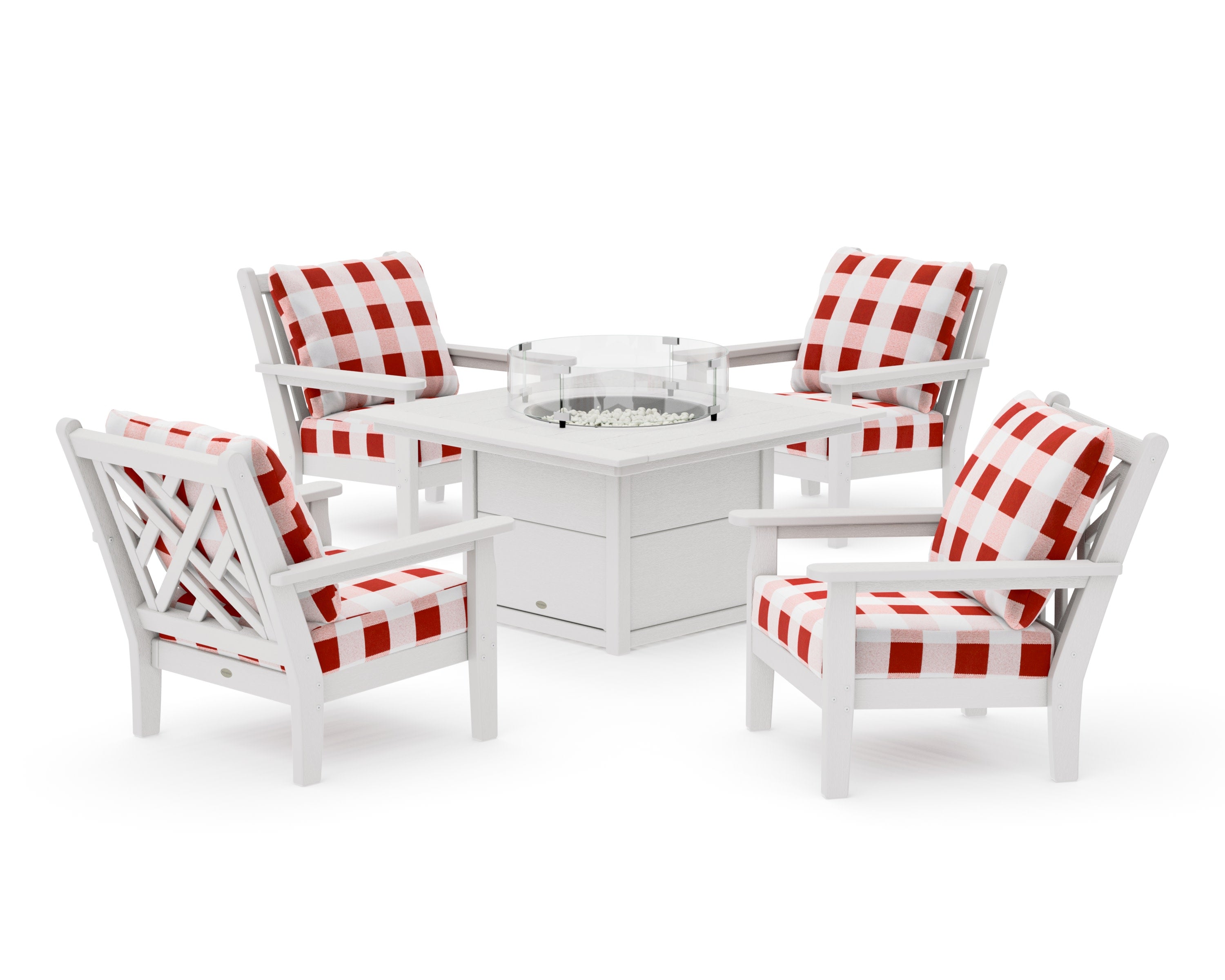 Chippendale 5-Piece Deep Seating Set with Fire Pit Table in Vintage White / Buffalo Plaid Crimson