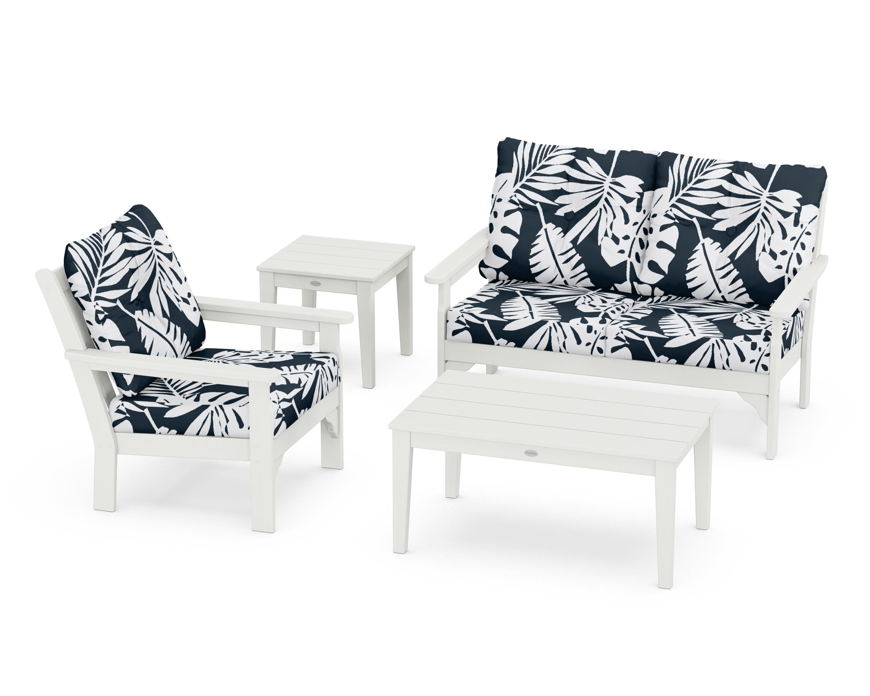 Vineyard 4-Piece Deep Seating Set in Vintage White / Leaf Marine Indigo