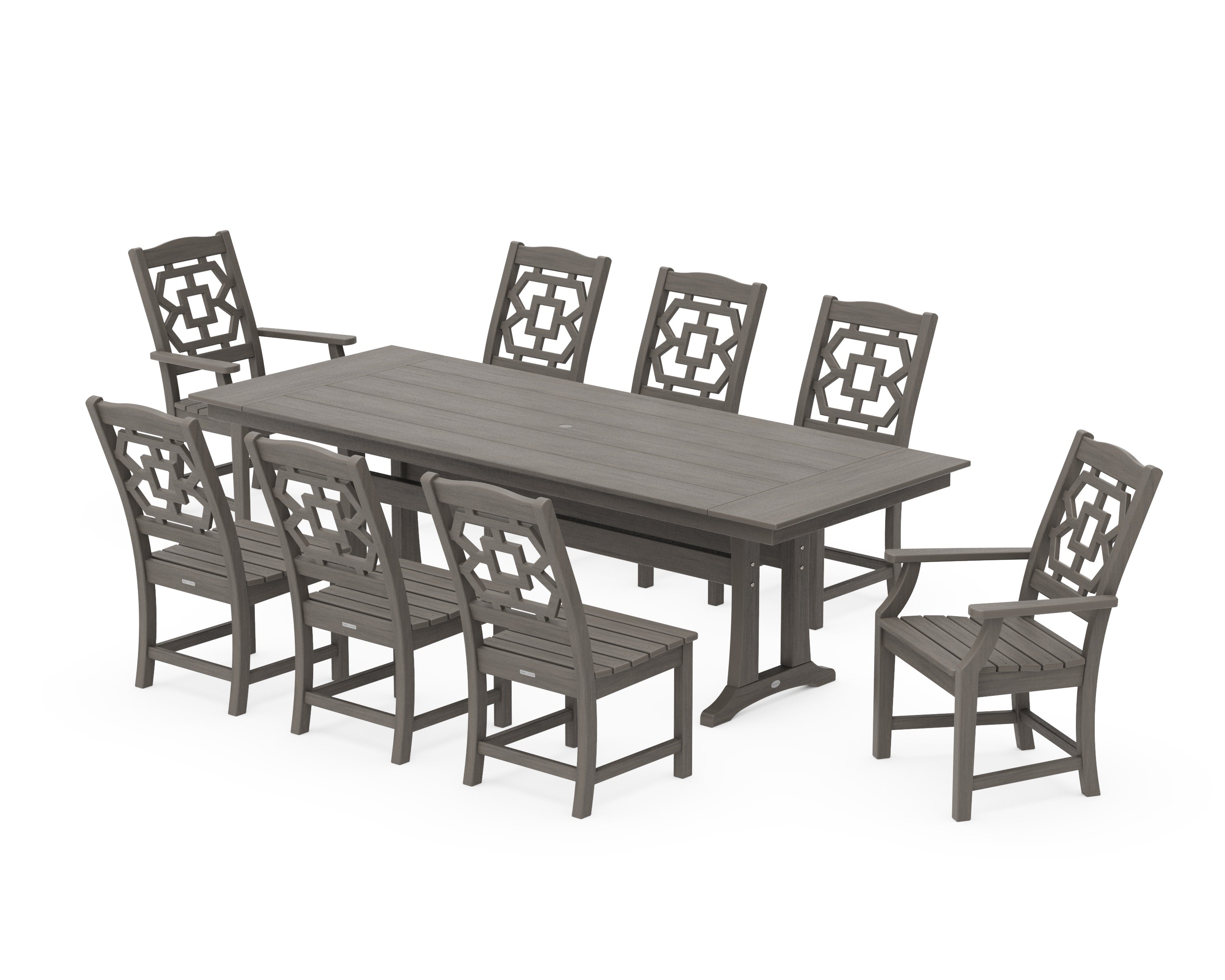 Chinoiserie 9-Piece Farmhouse Dining Set with Trestle Legs in Driftwood