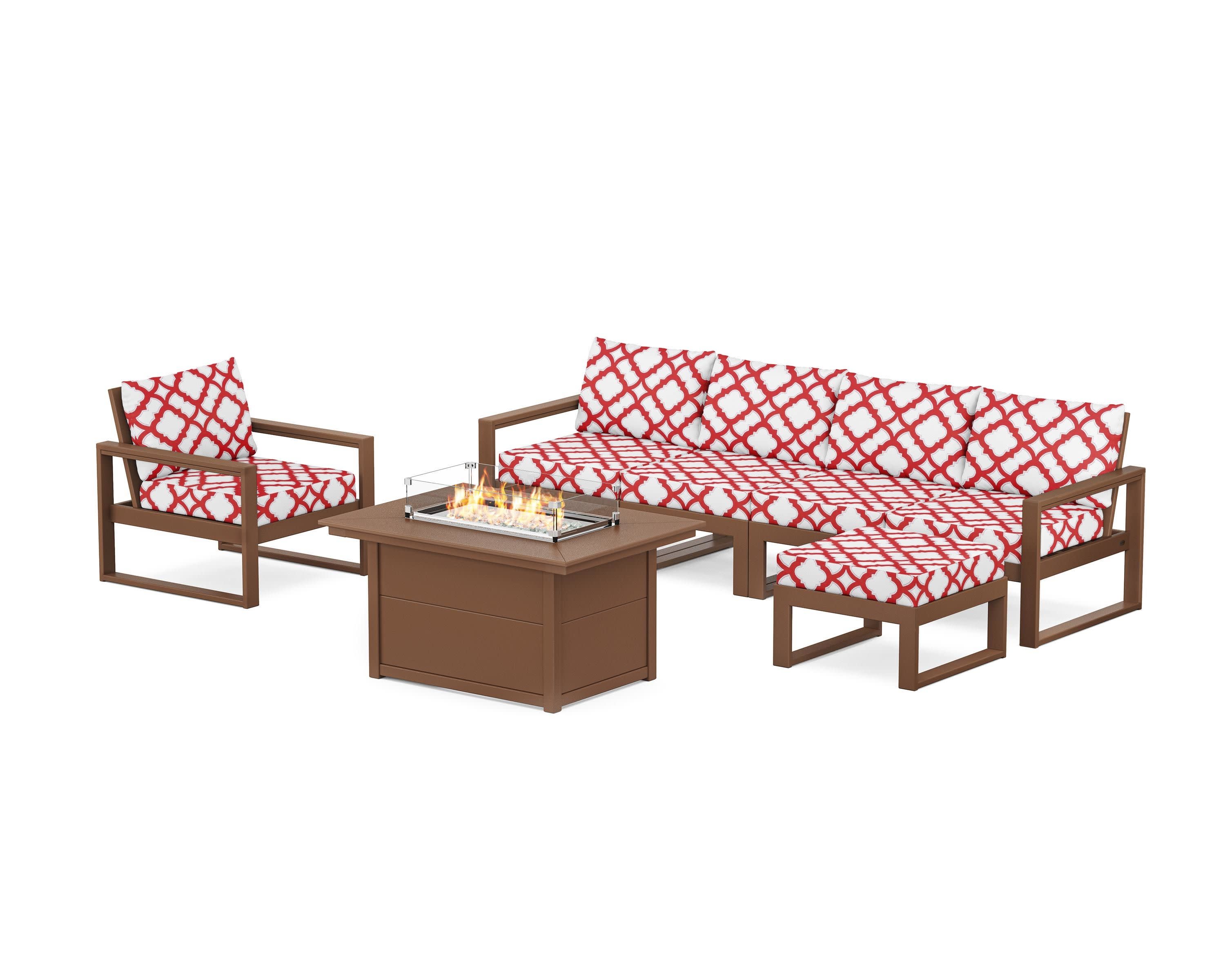 EDGE Sectional Lounge and Fire Pit Set in Teak / Trellis Crimson
