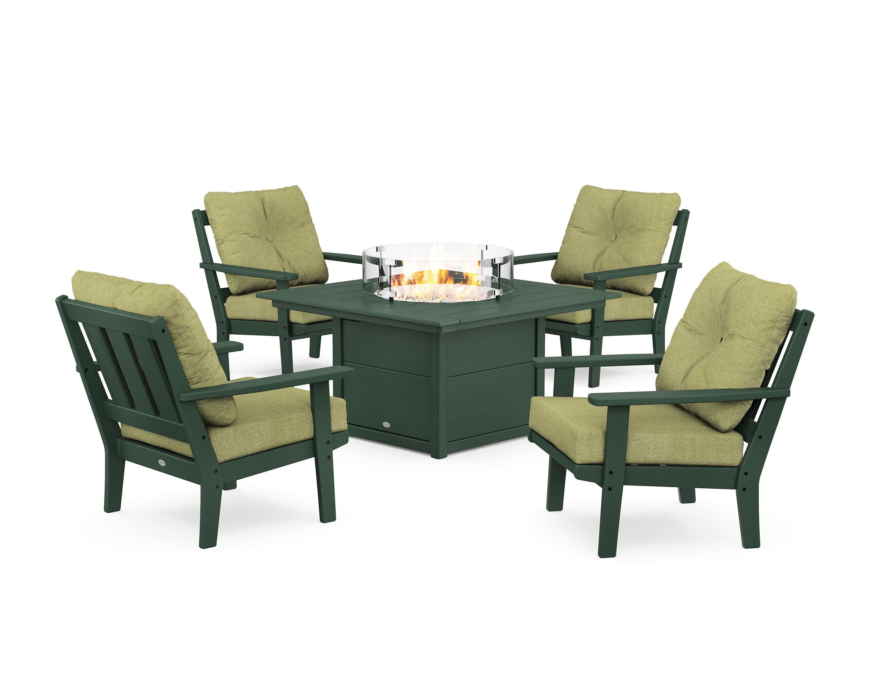 Oxford 5-Piece Deep Seating Set with Fire Pit Table in Green / Chartreuse Boucle