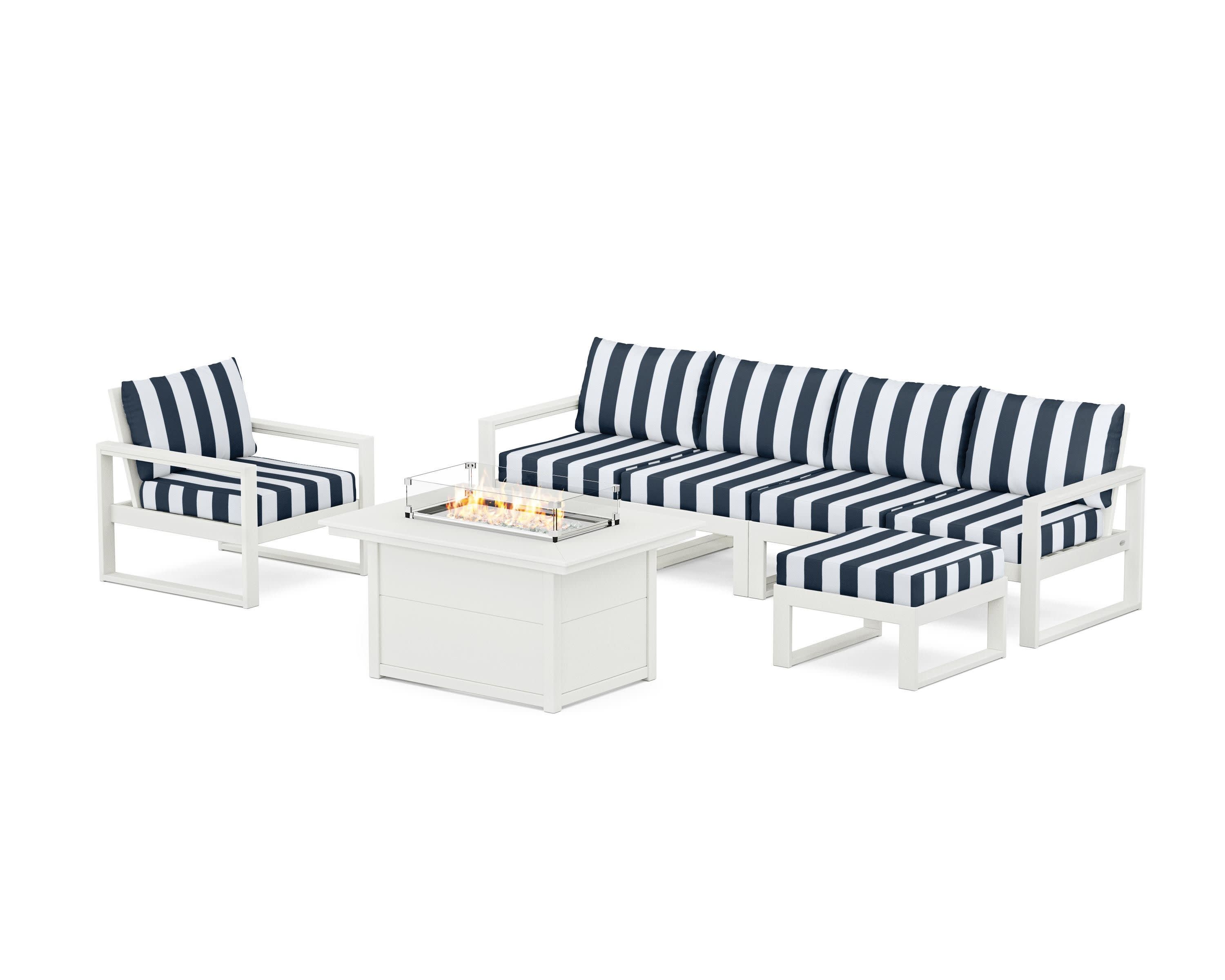 EDGE Sectional Lounge and Fire Pit Set in Vintage White / Cabana Stripe Marine Indigo