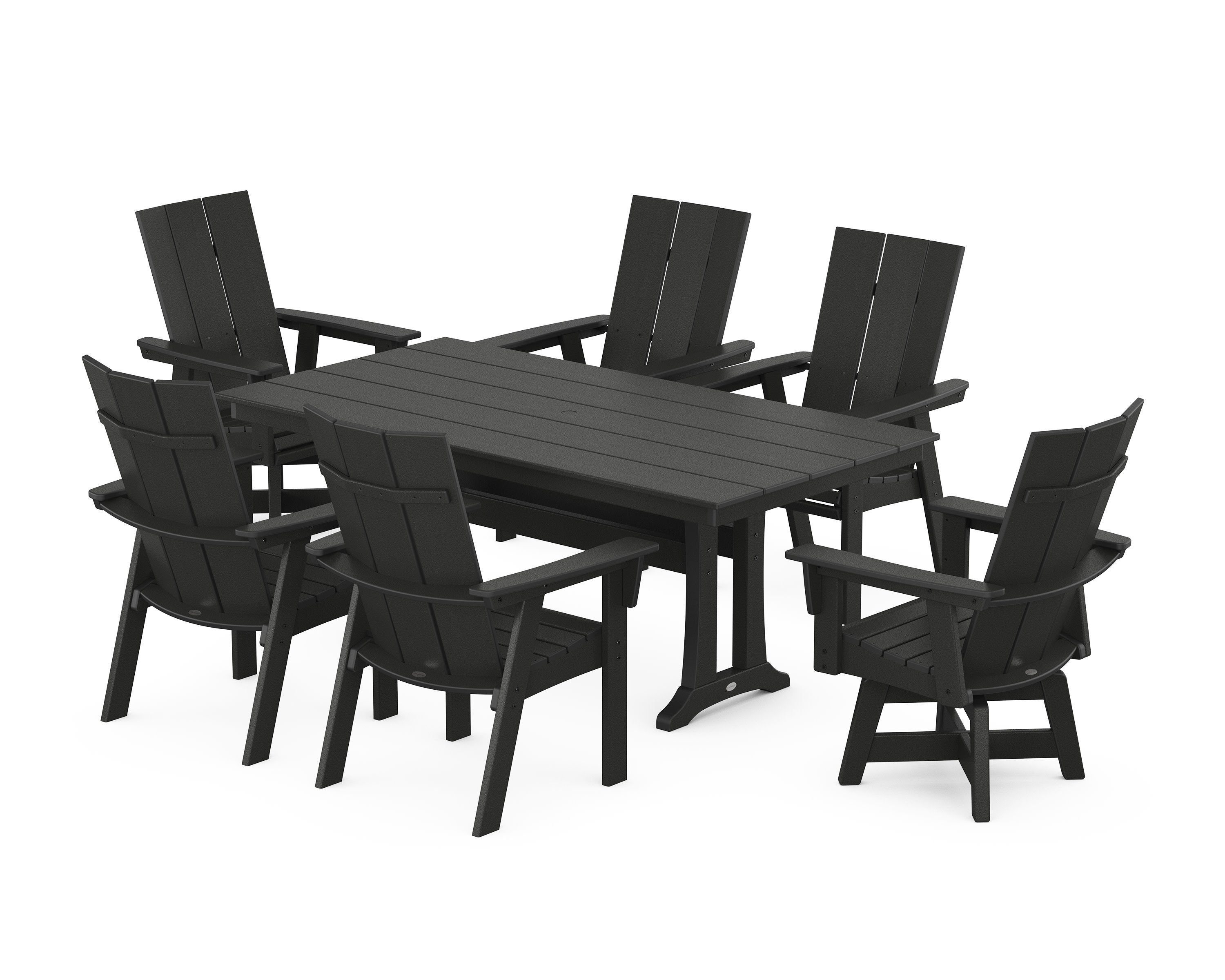 Modern Curveback Adirondack Swivel Chair 7-Piece Farmhouse Dining Set With Trestle Legs in Black