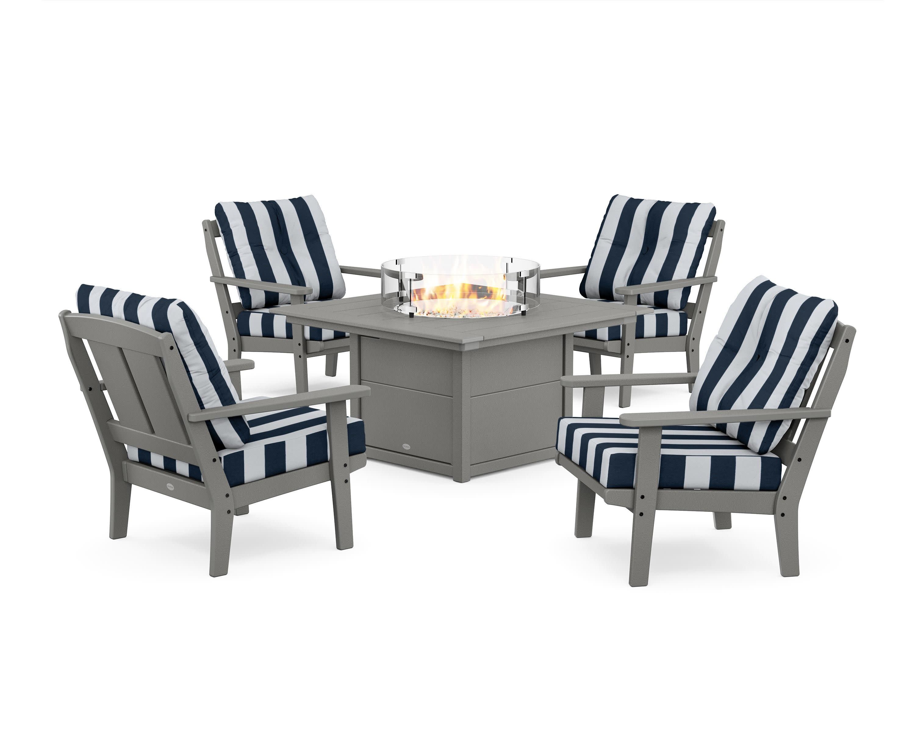 Mission 5-Piece Deep Seating Set with Fire Pit Table in Slate Grey / Cabana Stripe Marine Indigo