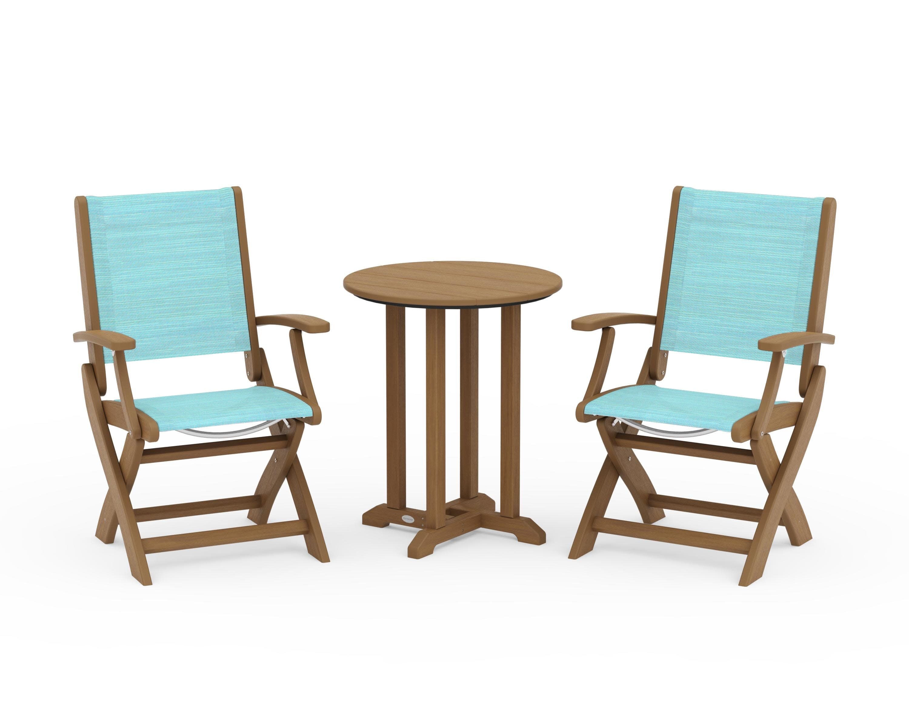 Coastal Folding 3-Piece Round Bistro Dining Set in Natural / Dupioni Aquamarine Sling