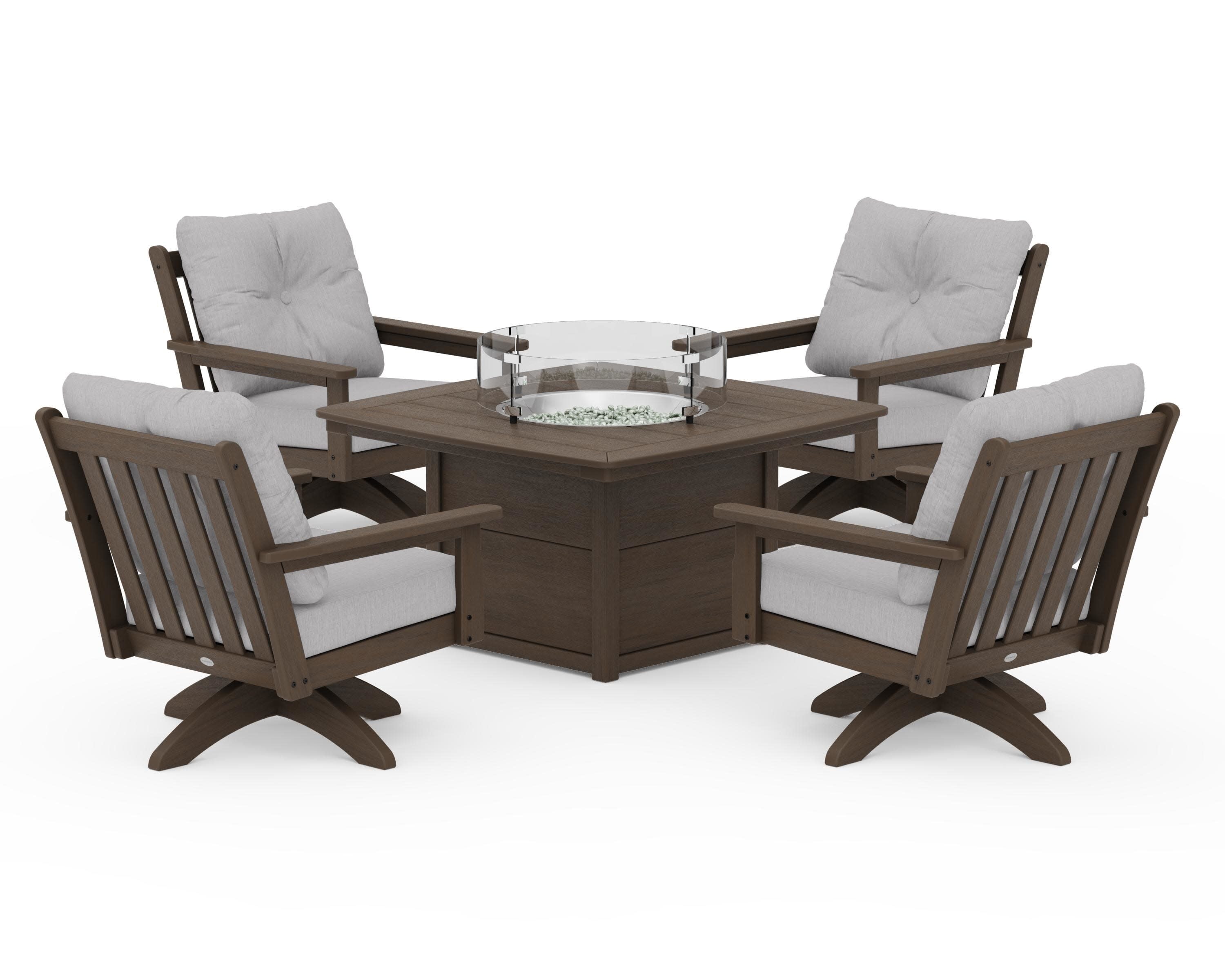 Vineyard 5-Piece Deep Seating Swivel Conversation Set with Fire Pit Table in Kona / Granite