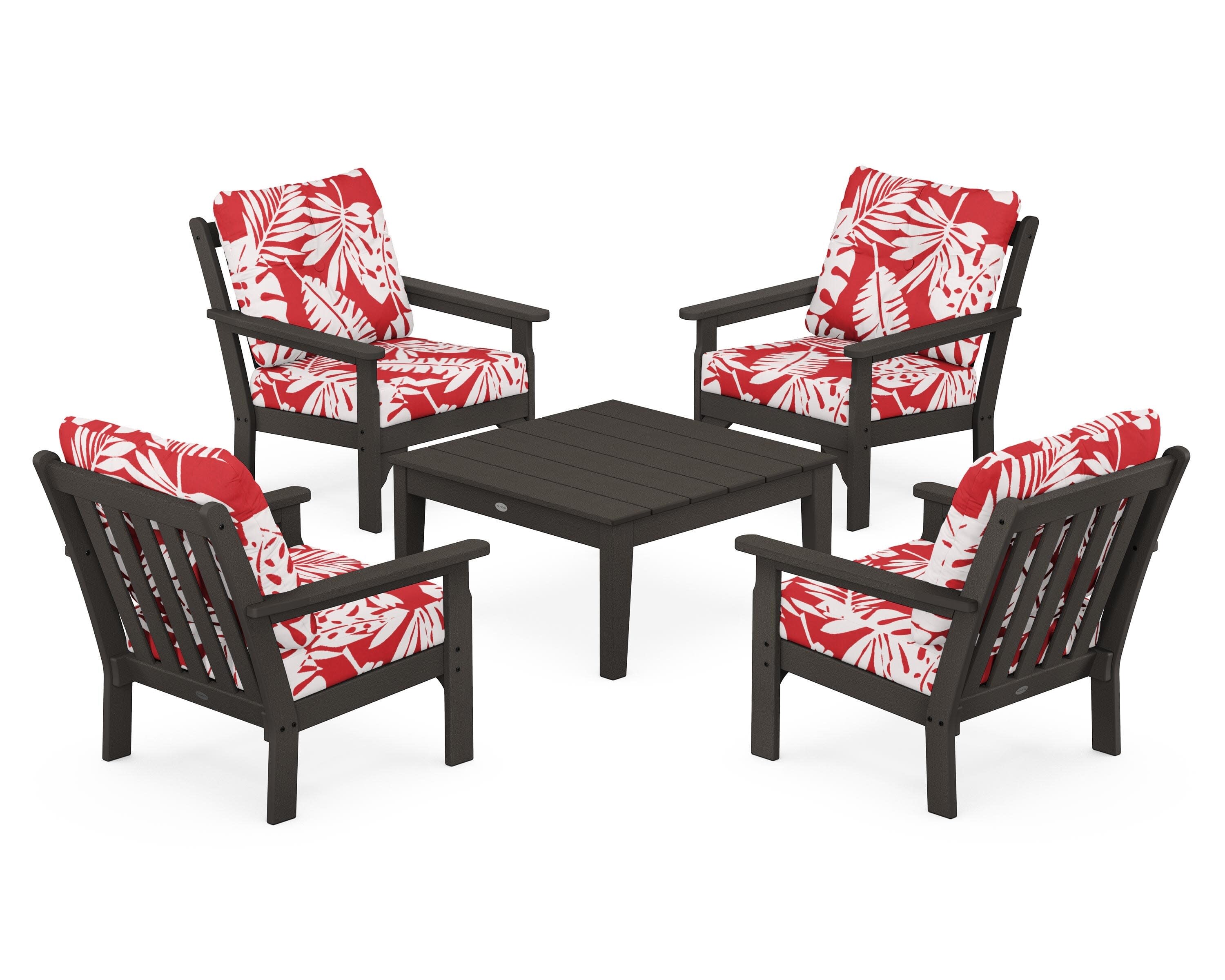 Vineyard 5-Piece Deep Seating Conversation Set in Vintage Coffee / Leaf Crimson