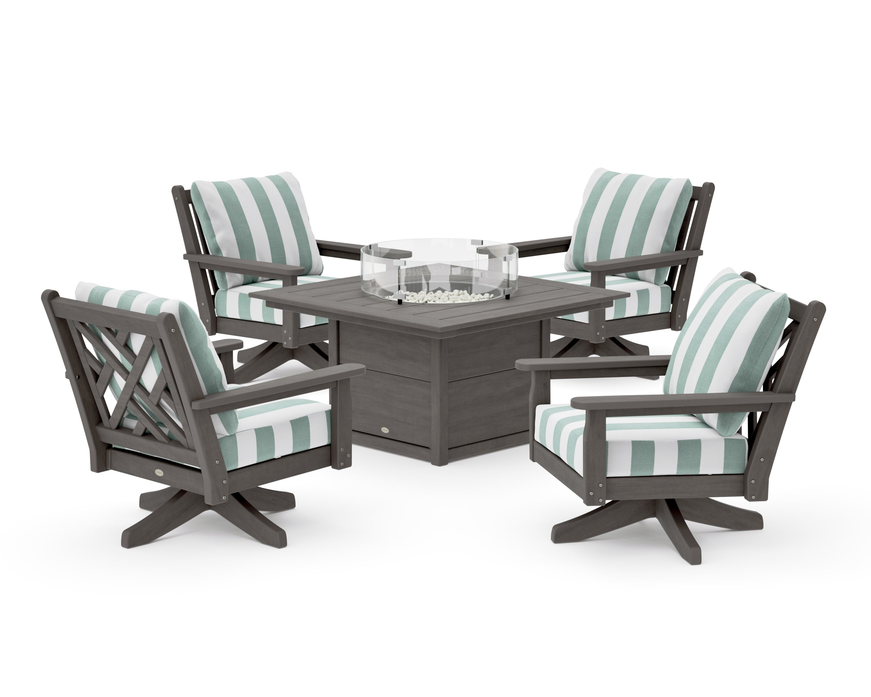Chippendale 5-Piece Deep Seating Swivel Conversation Set with Fire Pit Table in Driftwood / Cabana Stripe Glacier Spa