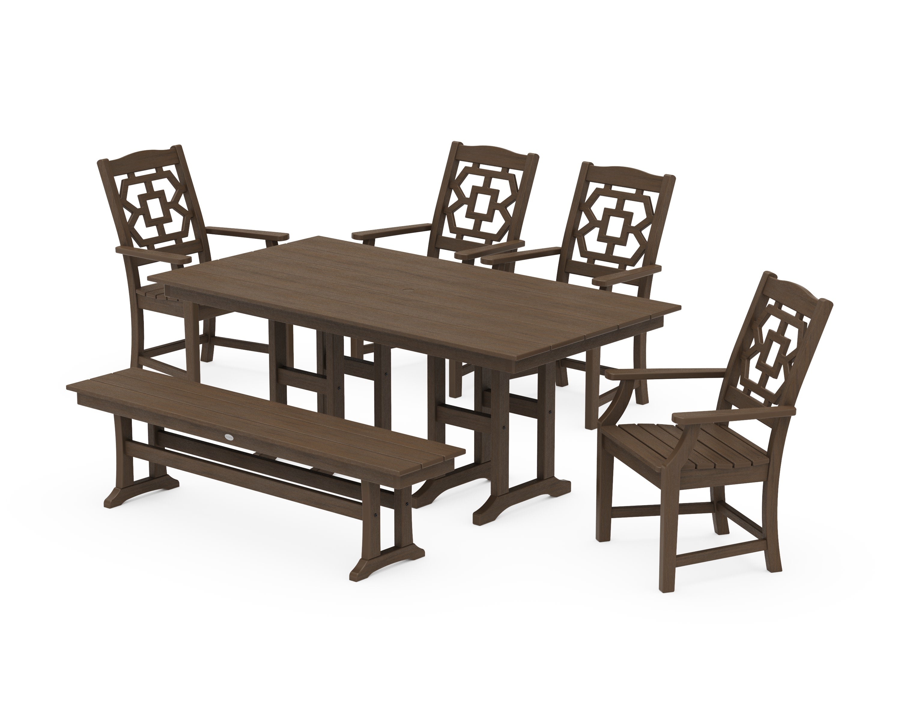 Chinoiserie 6-Piece Farmhouse Dining Set with Bench in Kona