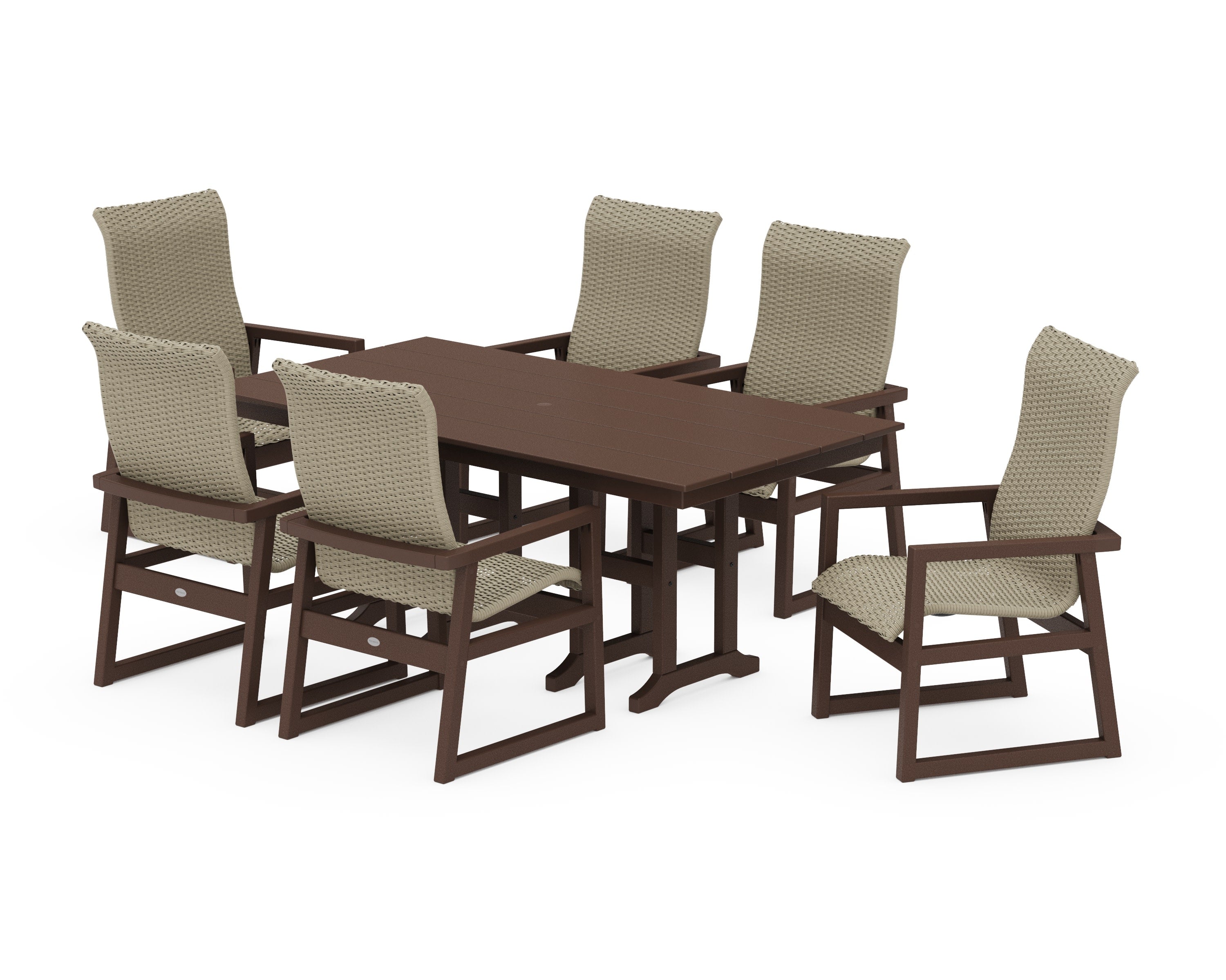 EDGE Woven Highback Arm Chair 7-Piece Farmhouse Dining Set in Mahogany / Dune Grass