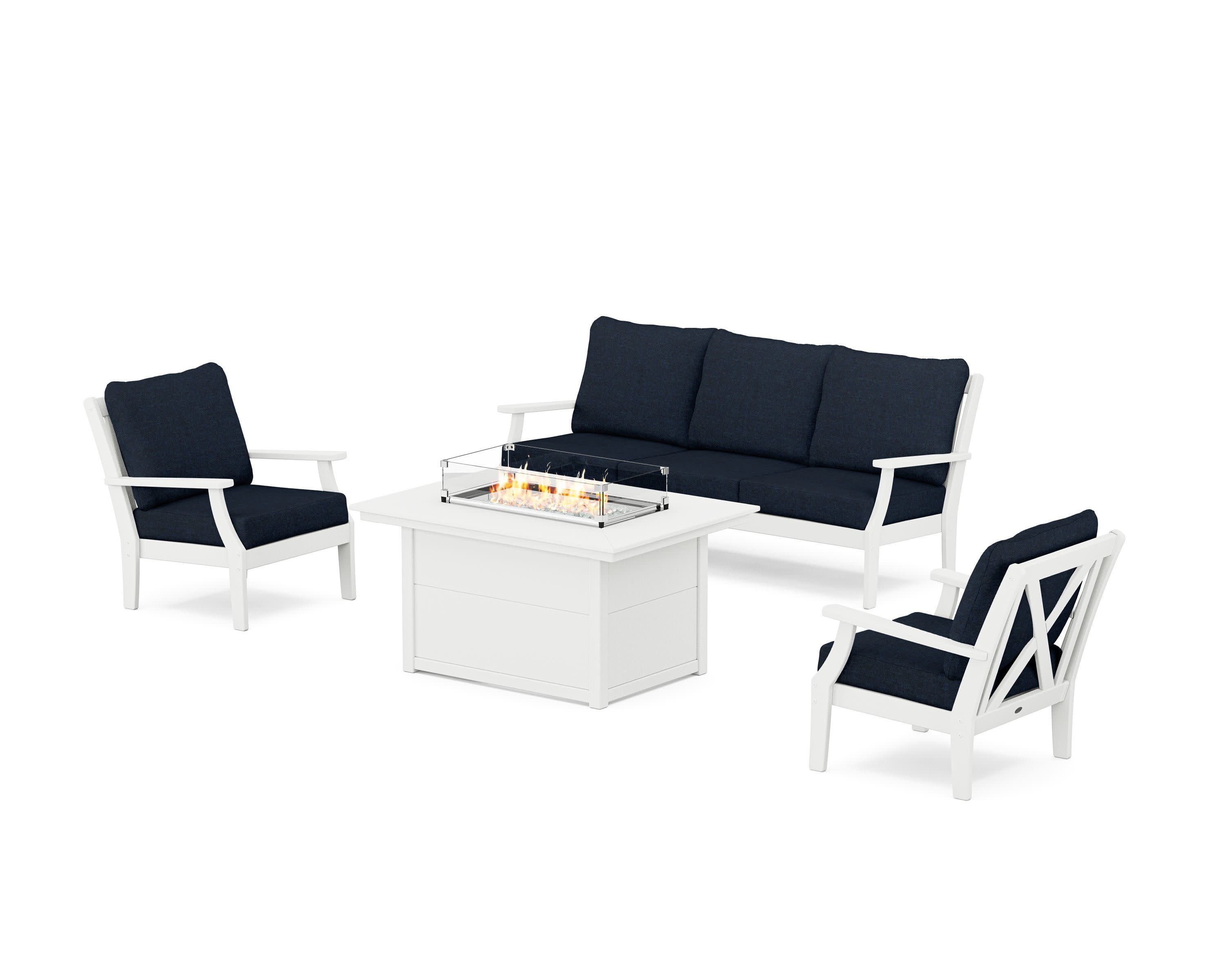 Braxton Deep Seating Fire Pit Table Set in White / Marine Indigo