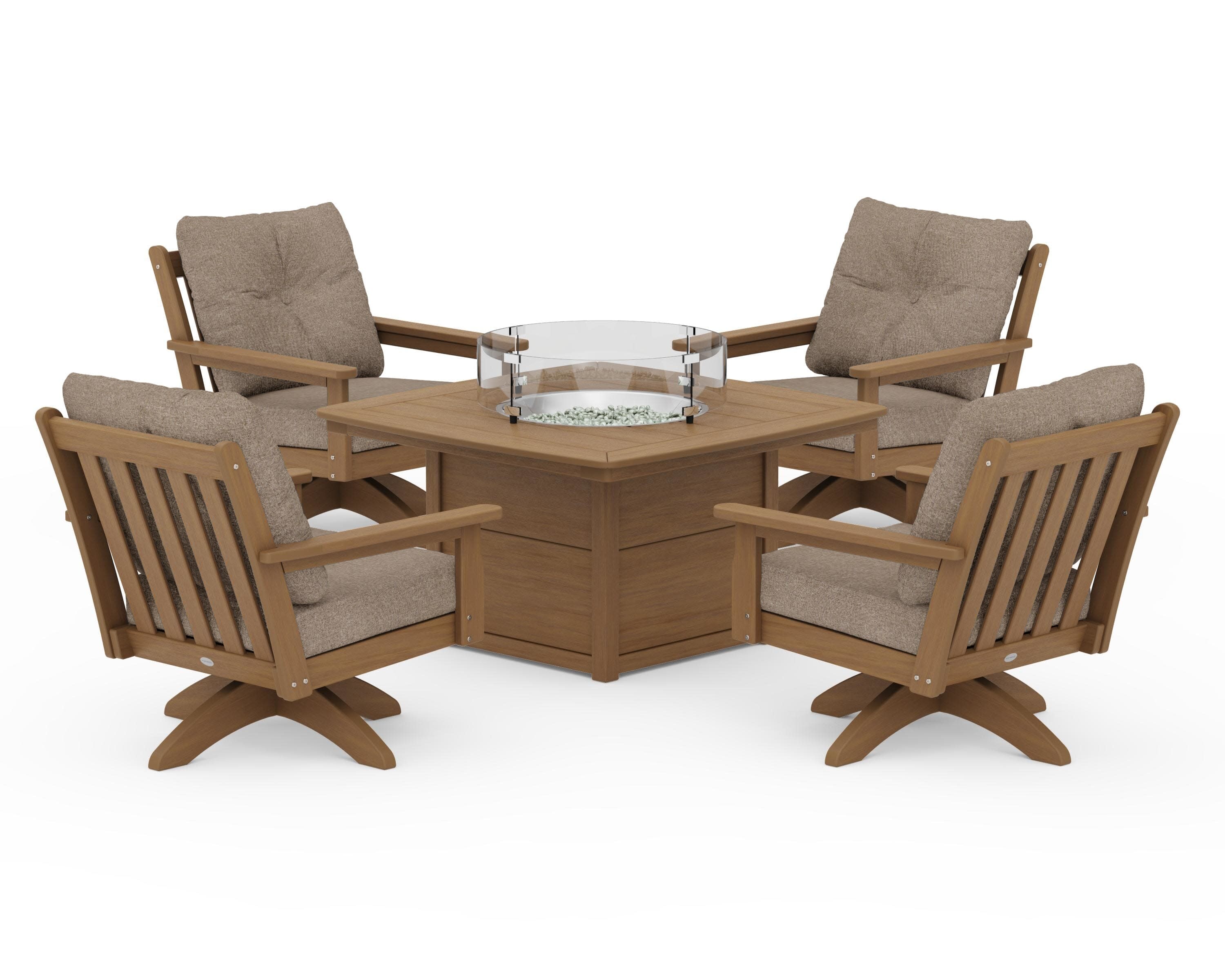 Vineyard 5-Piece Deep Seating Swivel Conversation Set with Fire Pit Table in Natural / Spiced Burlap