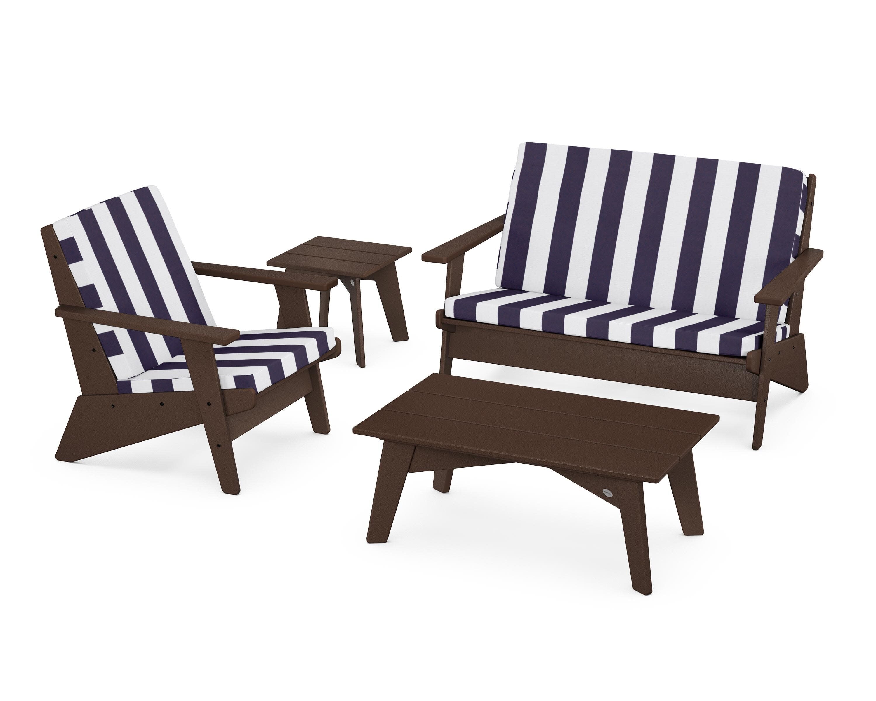 Riviera Modern Lounge 4-Piece Set in Mahogany / Cabana Stripe Navy