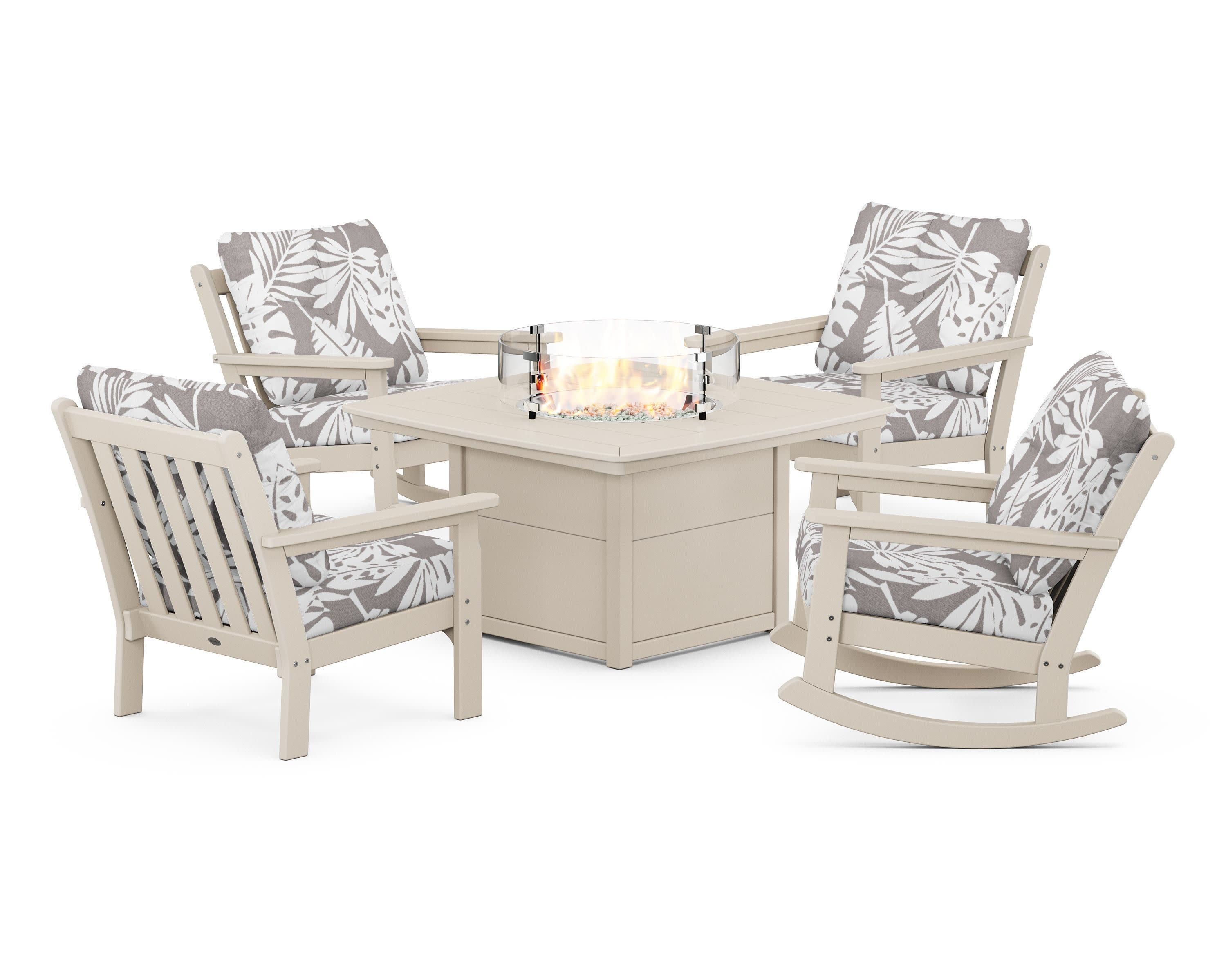 Vineyard 5-Piece Deep Seating Rocking Chair Conversation Set with Fire Pit Table in Sand / Leaf Grey Mist