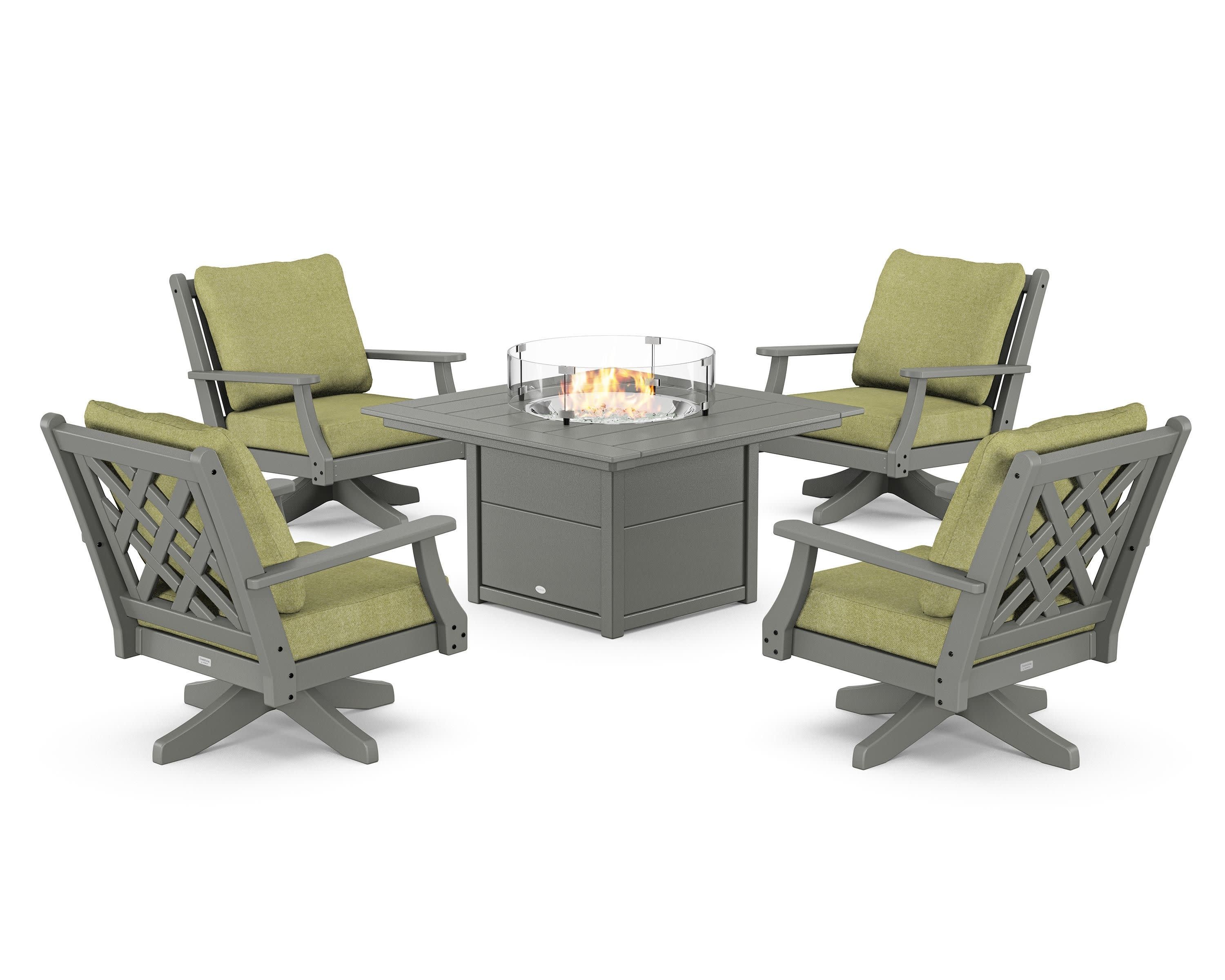 Wovendale 5-Piece Deep Seating Swivel Conversation Set with Fire Pit Table in Slate Grey / Chartreuse Boucle