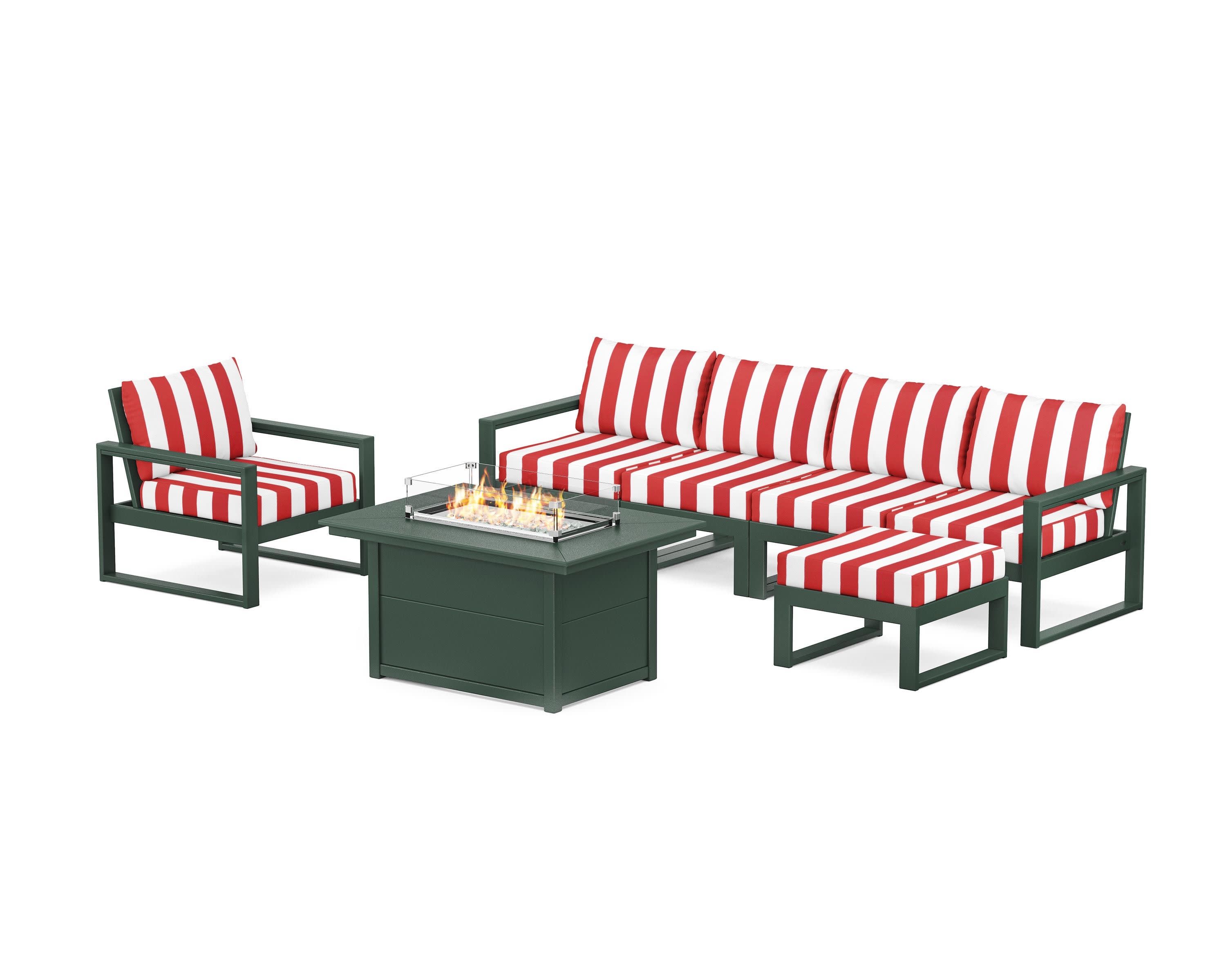 EDGE Sectional Lounge and Fire Pit Set in Green / Cabana Stripe Crimson