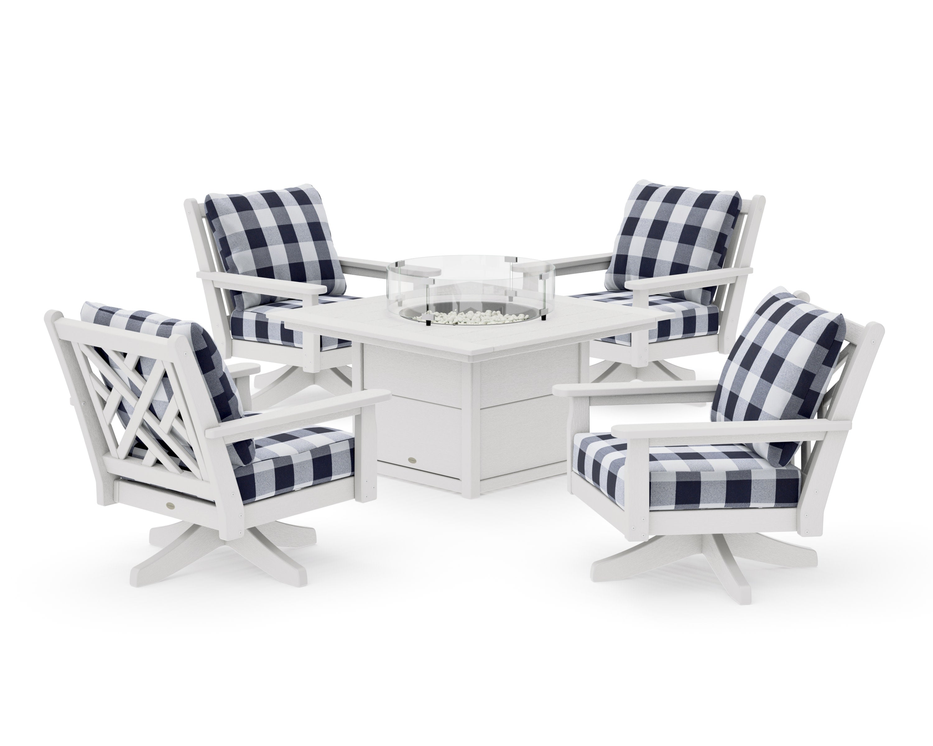 Chippendale 5-Piece Deep Seating Swivel Conversation Set with Fire Pit Table in Vintage White / Buffalo Plaid Navy