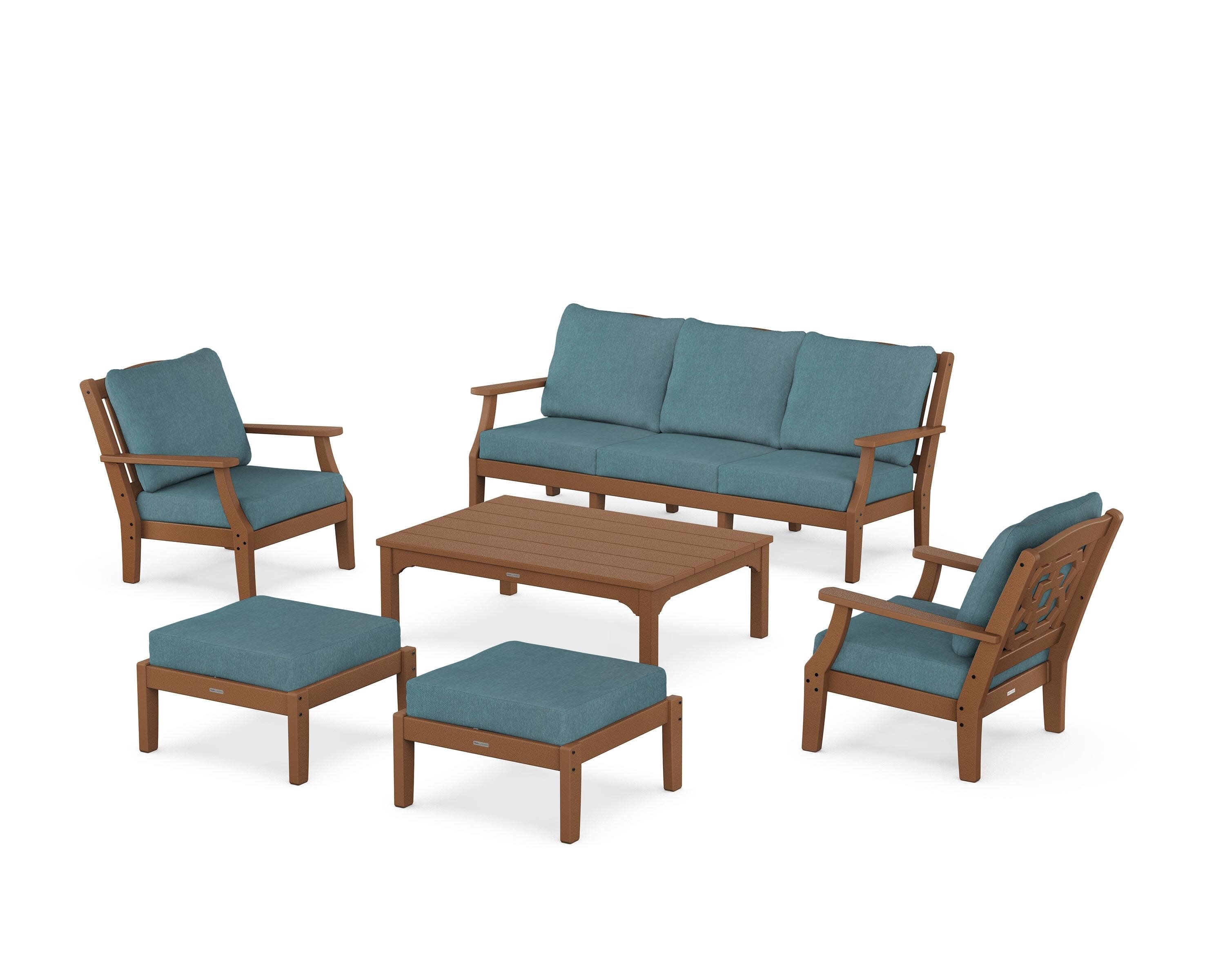 Chinoiserie 6-Piece Lounge Sofa Set in Teak / Ocean Teal