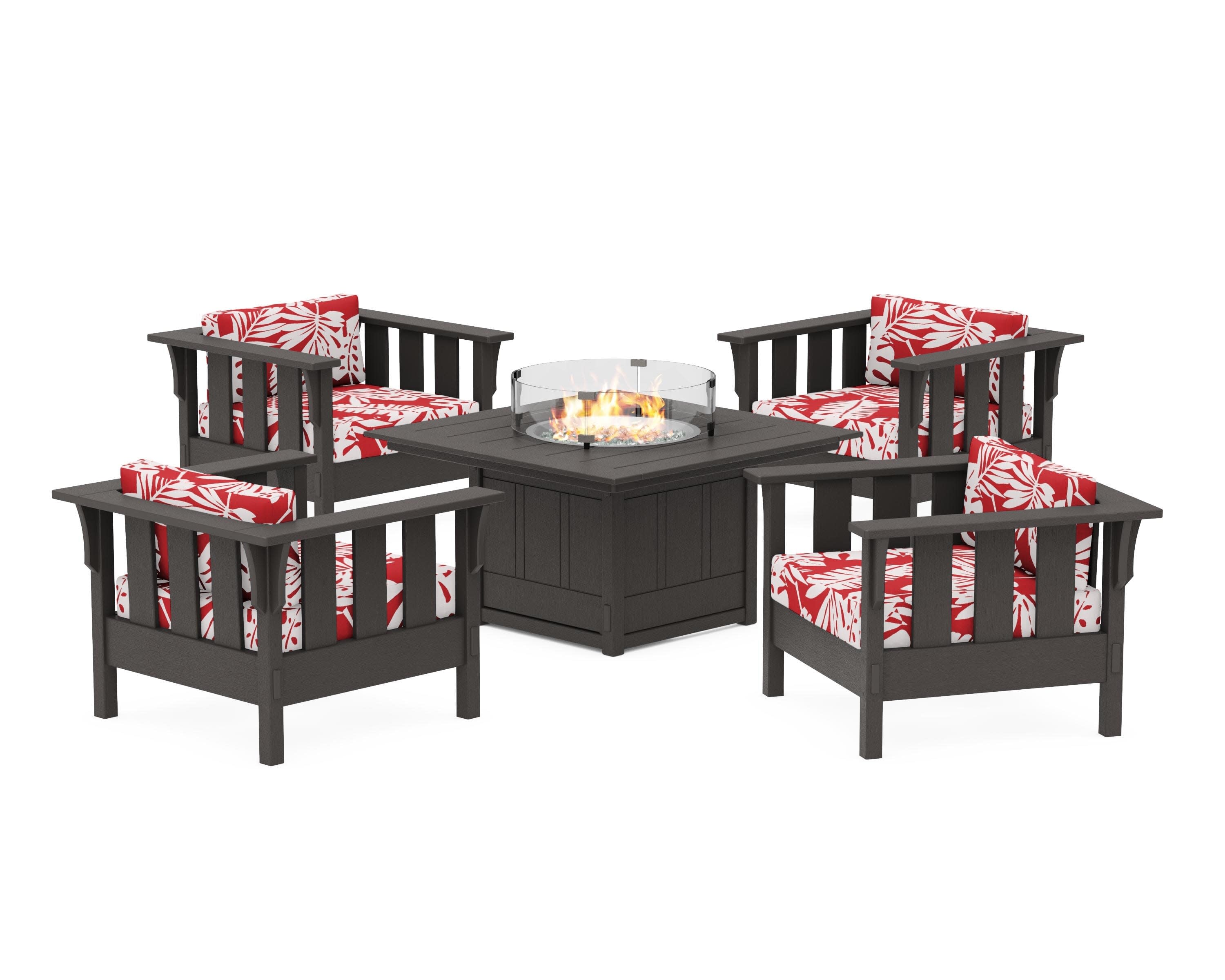 Acadia 5-Piece Deep Seating Set with Fire Pit Table in Vintage Coffee / Leaf Crimson