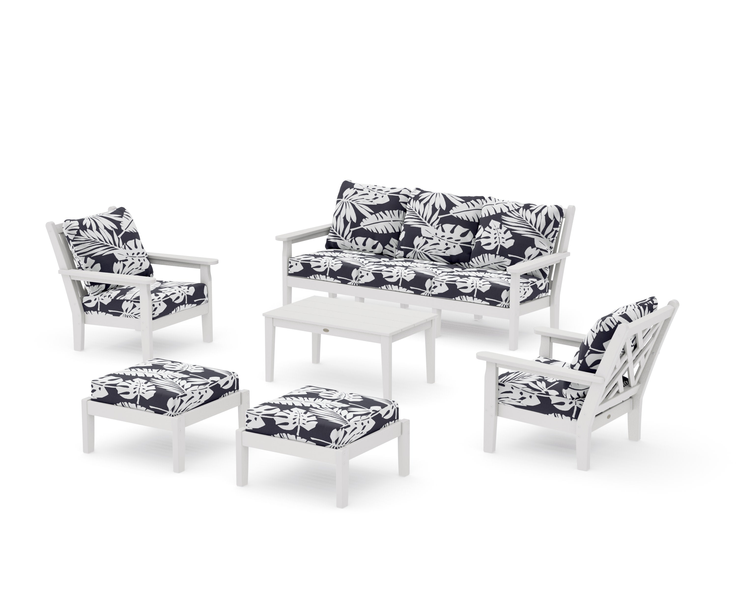 Chippendale 6-Piece Lounge Sofa Set in Vintage White / Leaf Navy
