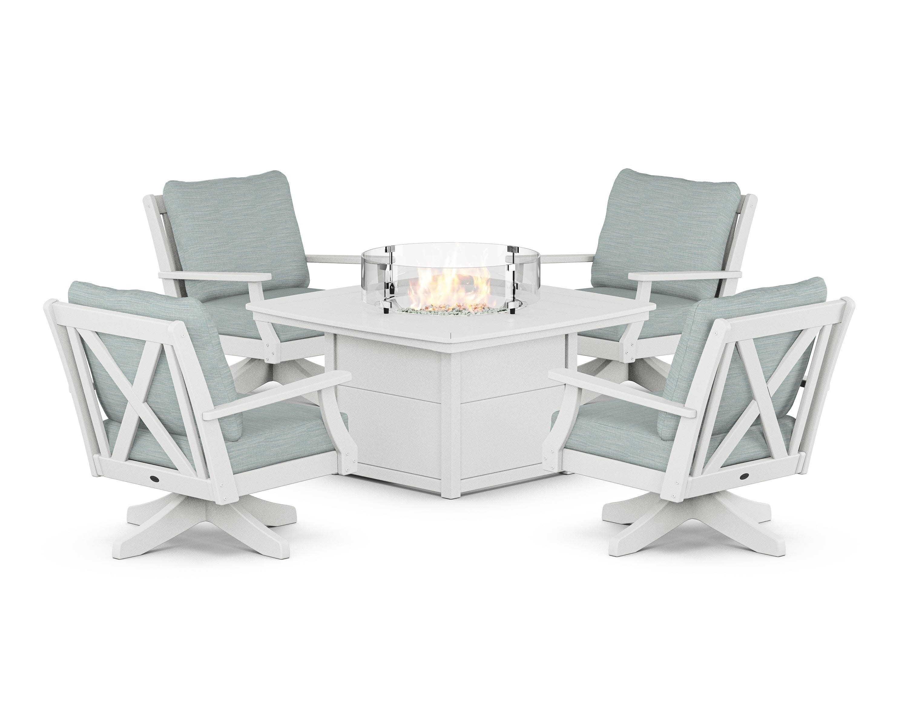 Braxton 5-Piece Deep Seating Swivel Conversation Set with Fire Pit Table in White / Soothe Mist