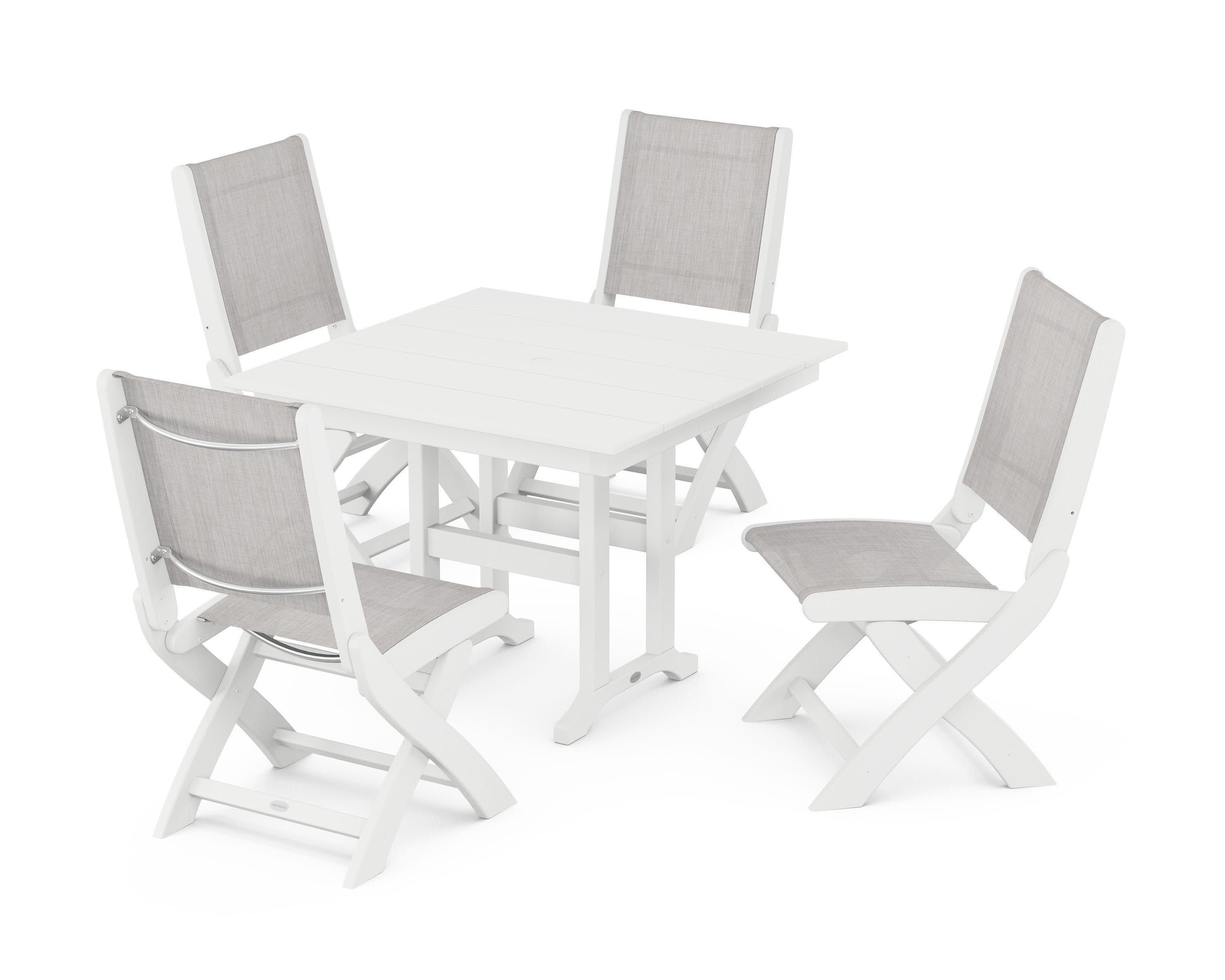 Coastal Folding Side Chair 5-Piece Farmhouse Dining Set in White / Parchment Sling