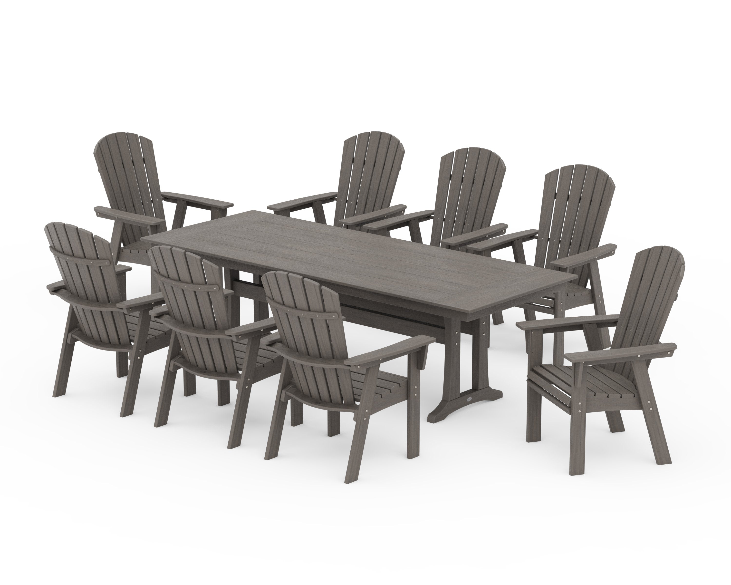 Nautical 9-Piece Curveback Adirondack Farmhouse Dining Set with Trestle Legs in Driftwood