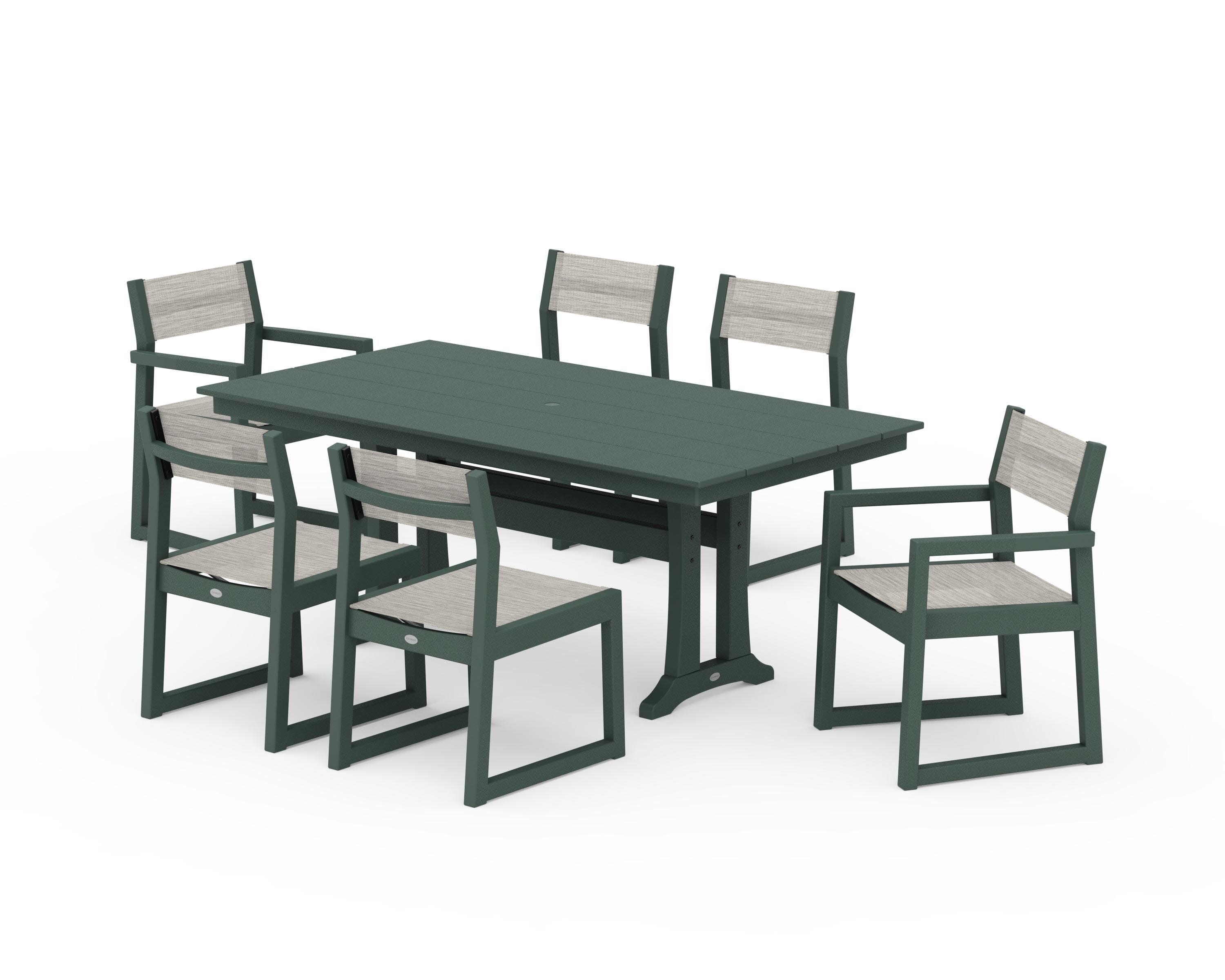 EDGE Sling 7-Piece Farmhouse Trestle Dining Set in Green / Birch Sling