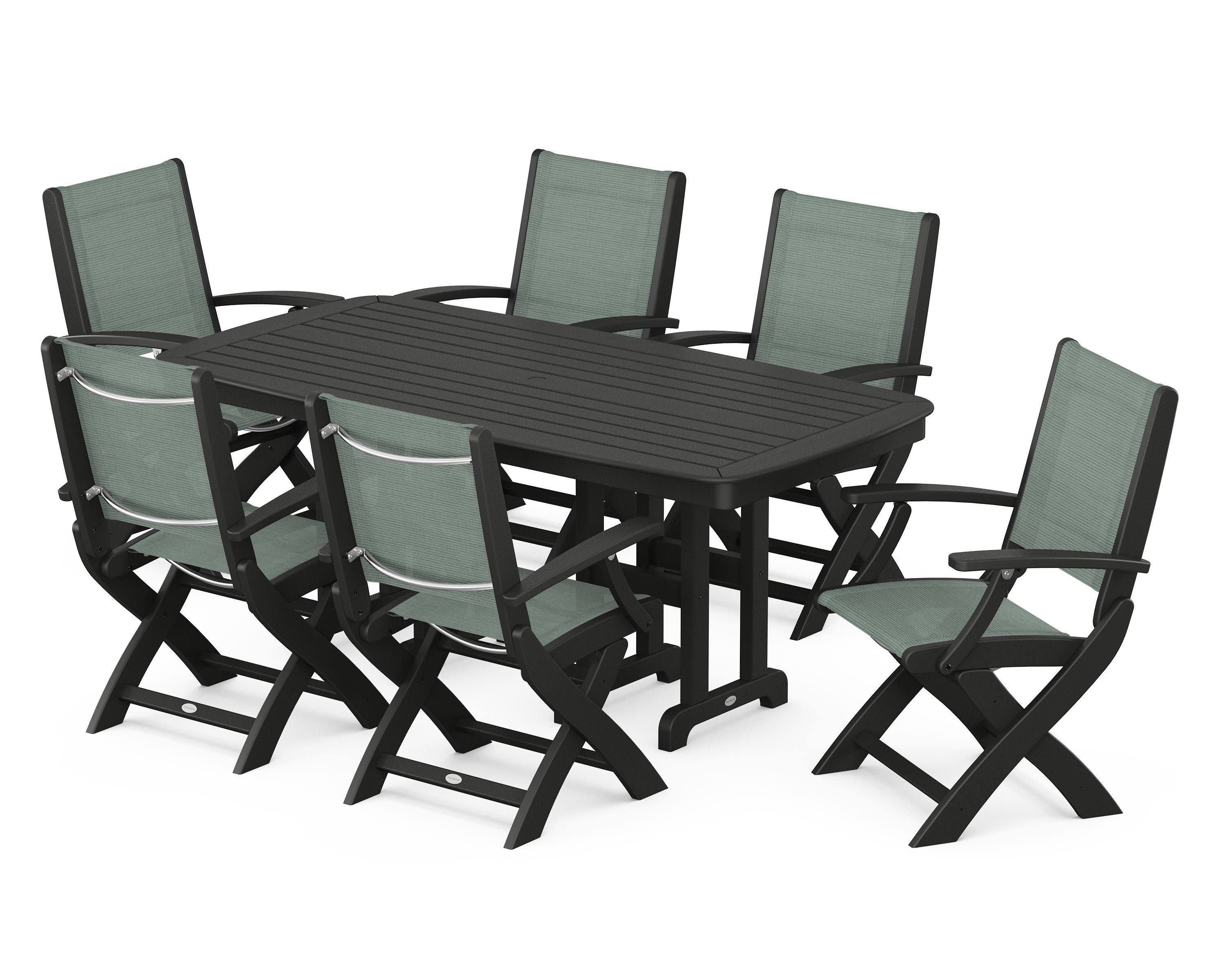 Coastal Folding Arm Chair 7-Piece Dining Set in Black / Dupioni Sea Mist Sling