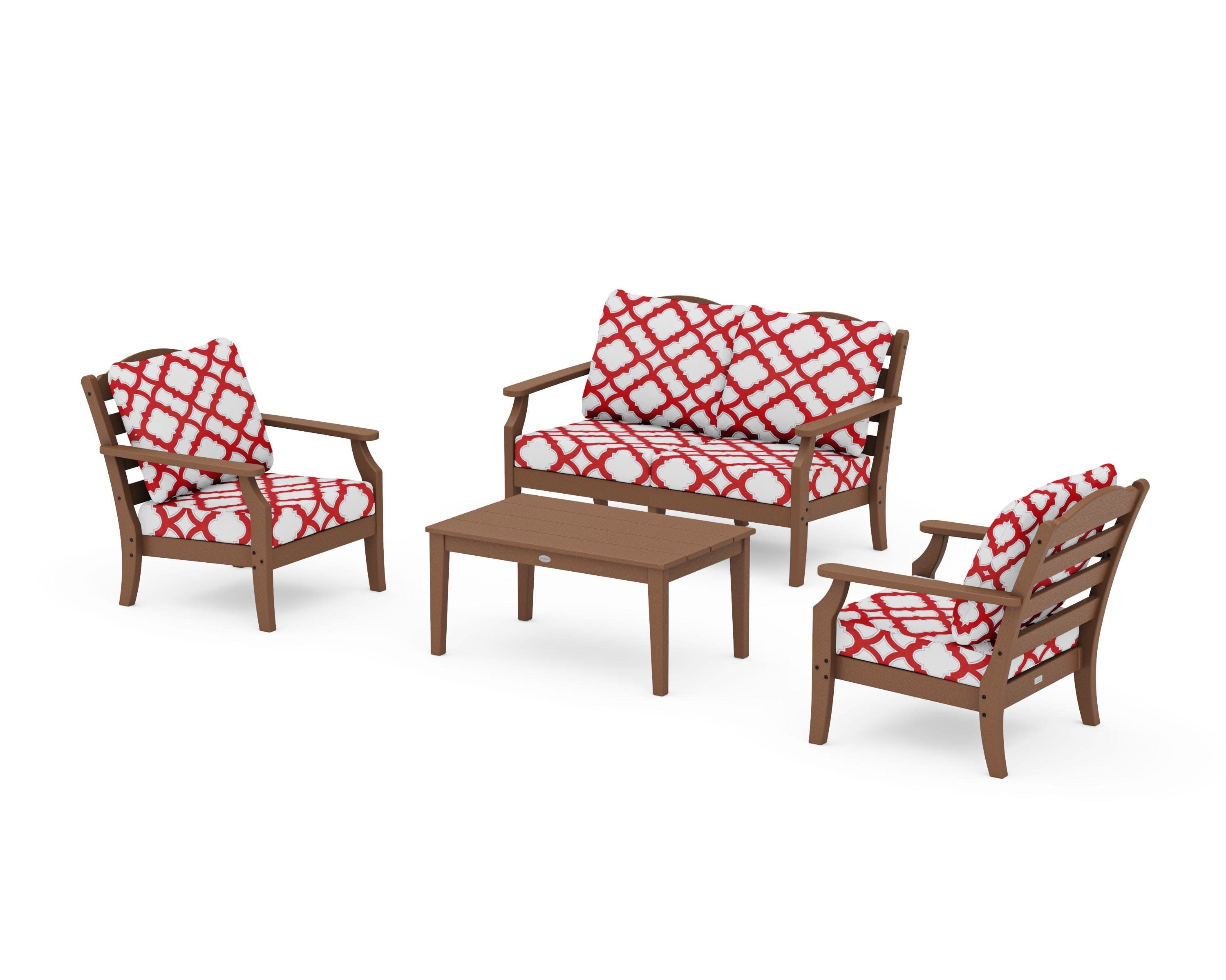 Savannah 4-Piece Deep Seating Set with Loveseat in Teak / Trellis Crimson