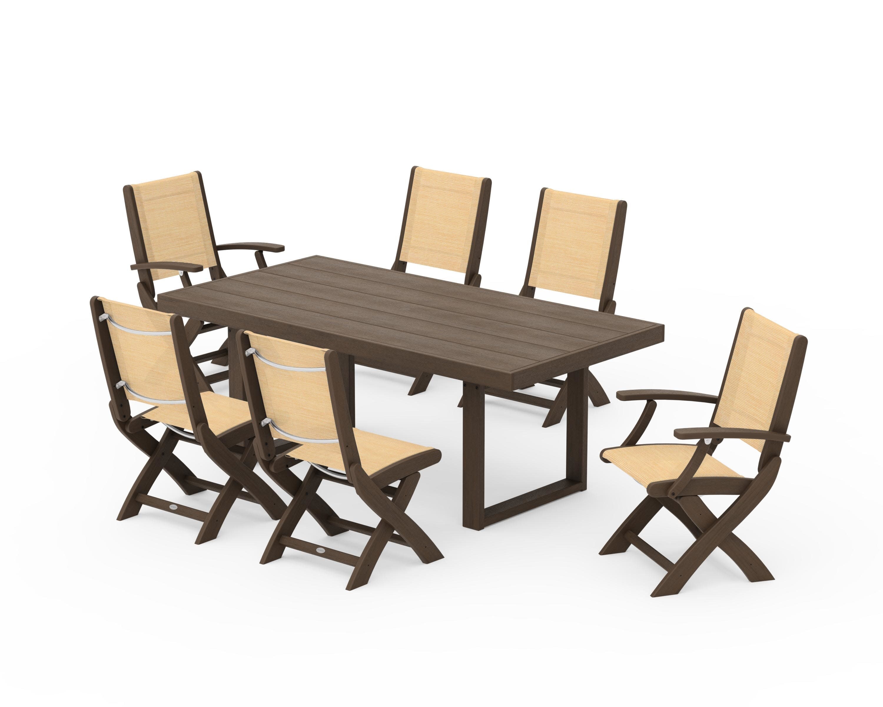 Coastal Folding Chair 7-Piece Dining Set with Trestle Legs in Kona / Dupioni Apricot Sling