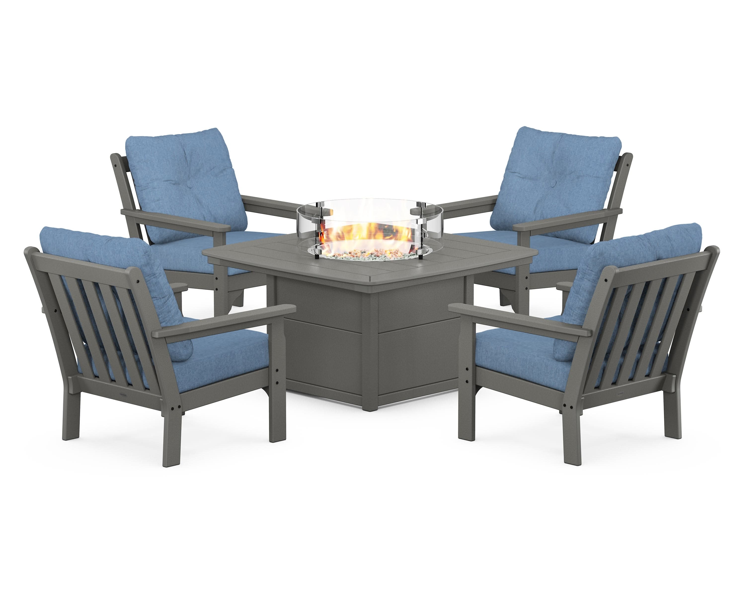 Vineyard 5-Piece Conversation Set with Fire Pit Table in Slate Grey / Sky Blue