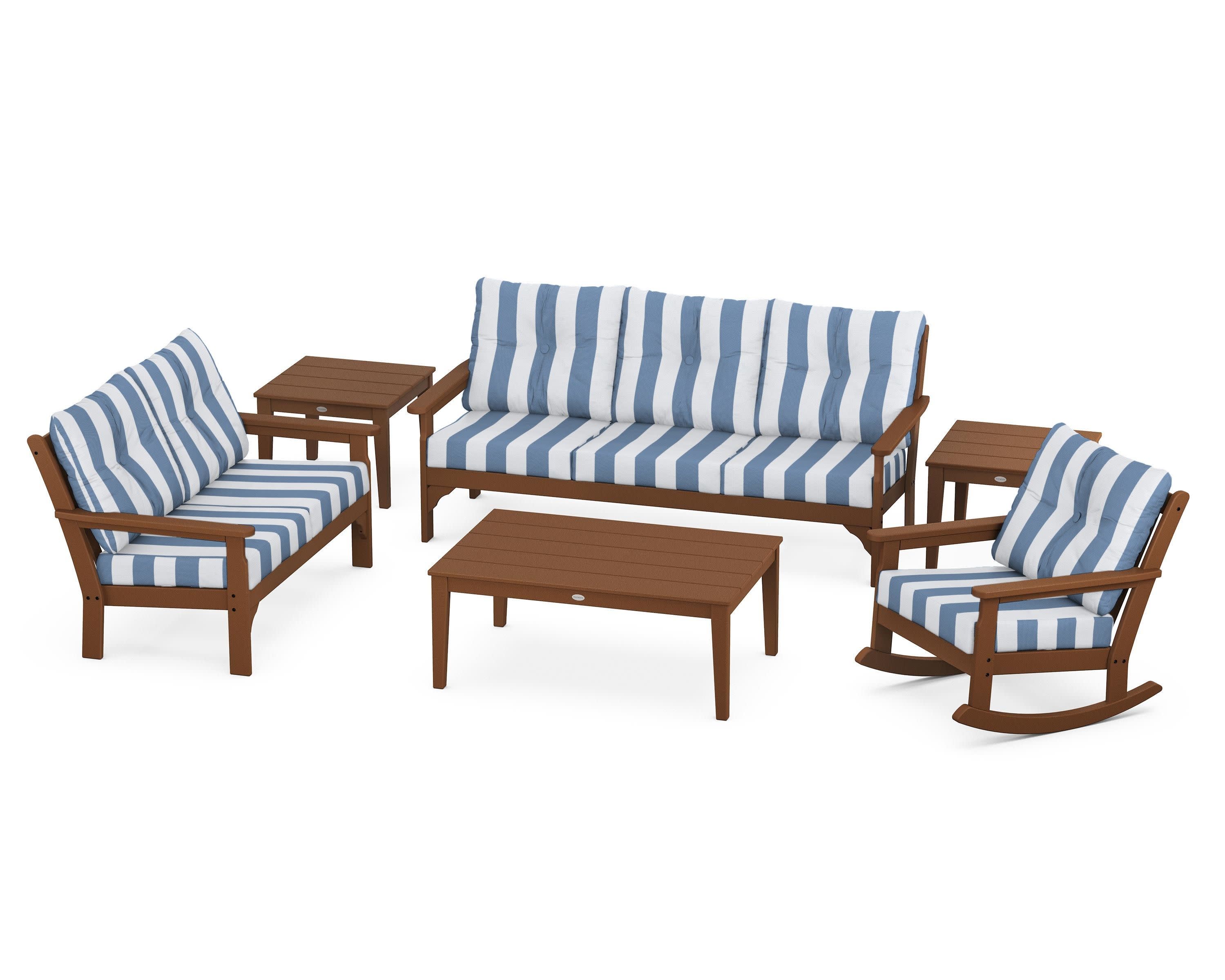 Vineyard 6-Piece Deep Seating Set in Teak / Cabana Stripe Sky Blue
