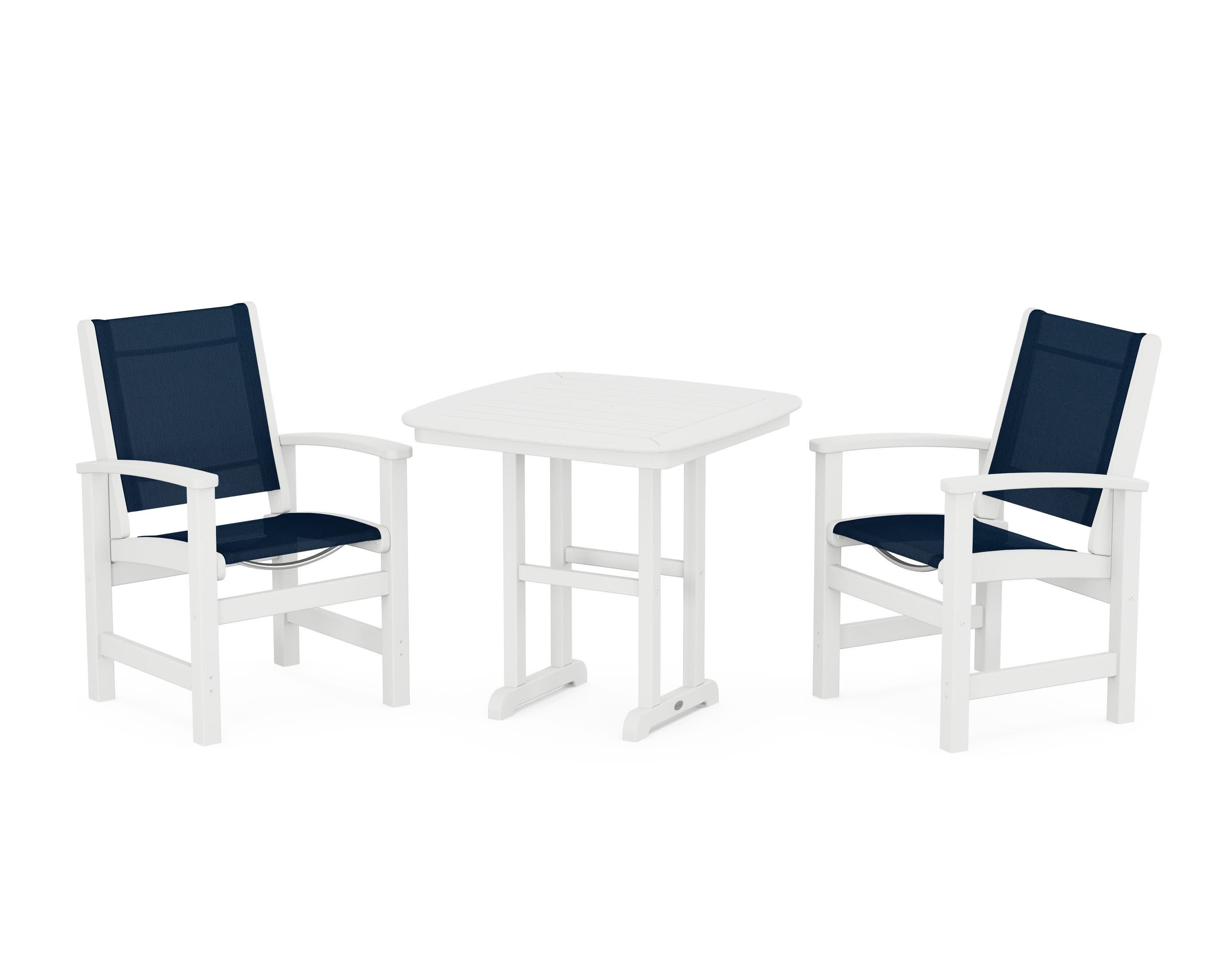 Coastal 3-Piece Dining Set in White / Navy Blue Sling