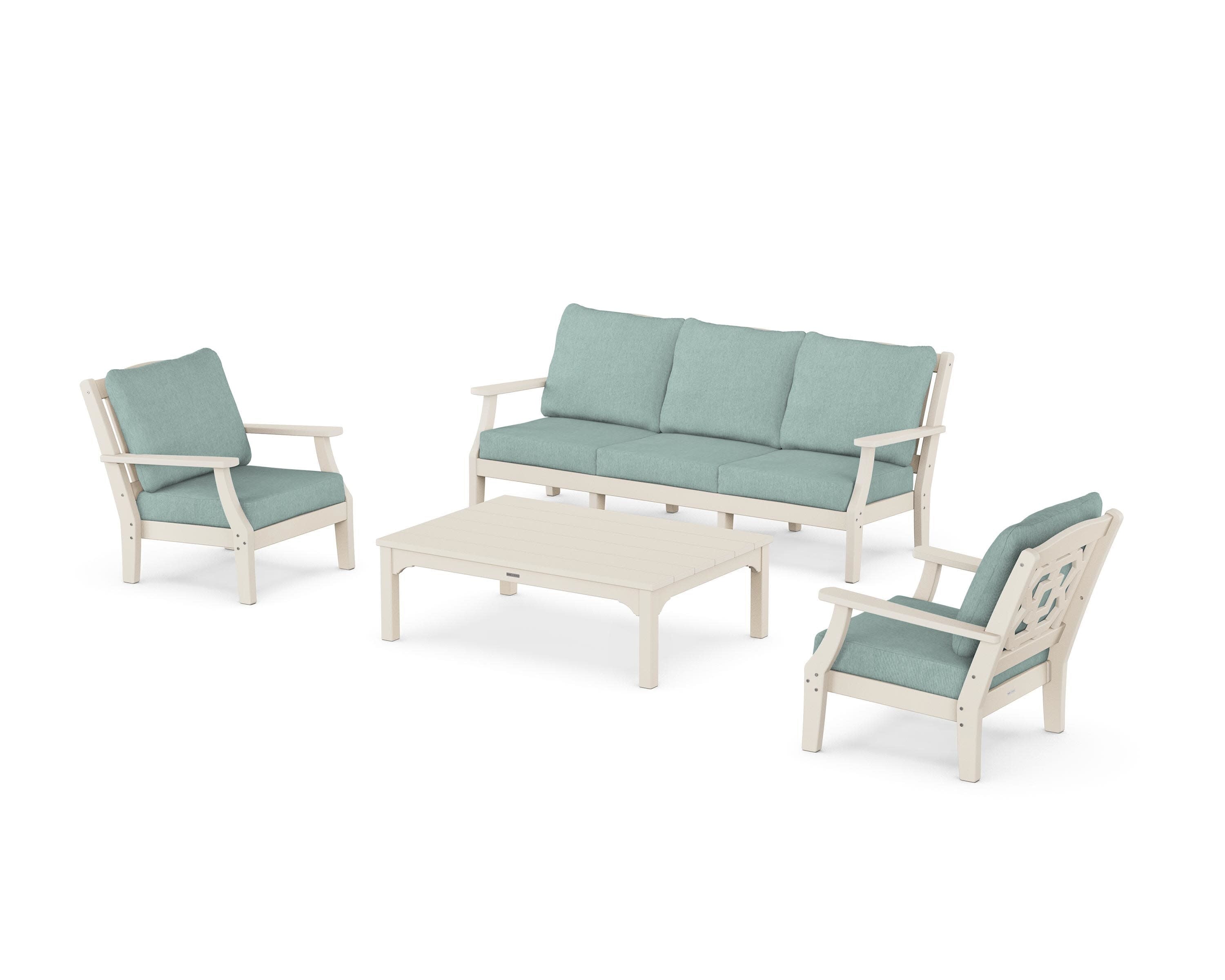 Chinoiserie 4-Piece Deep Seating Set with Sofa in Sand / Glacier Spa