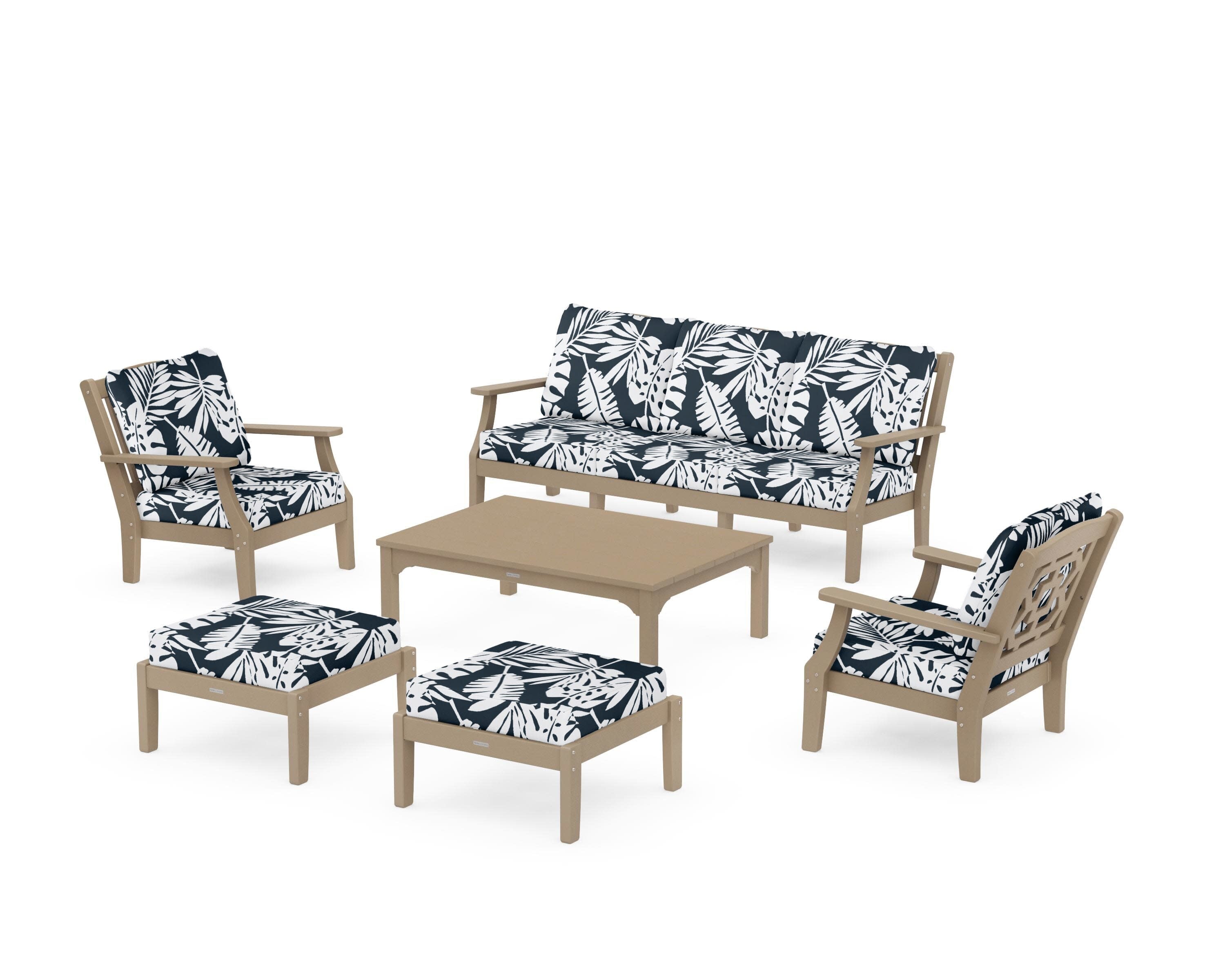 Chinoiserie 6-Piece Lounge Sofa Set in Vintage Sahara / Leaf Marine Indigo