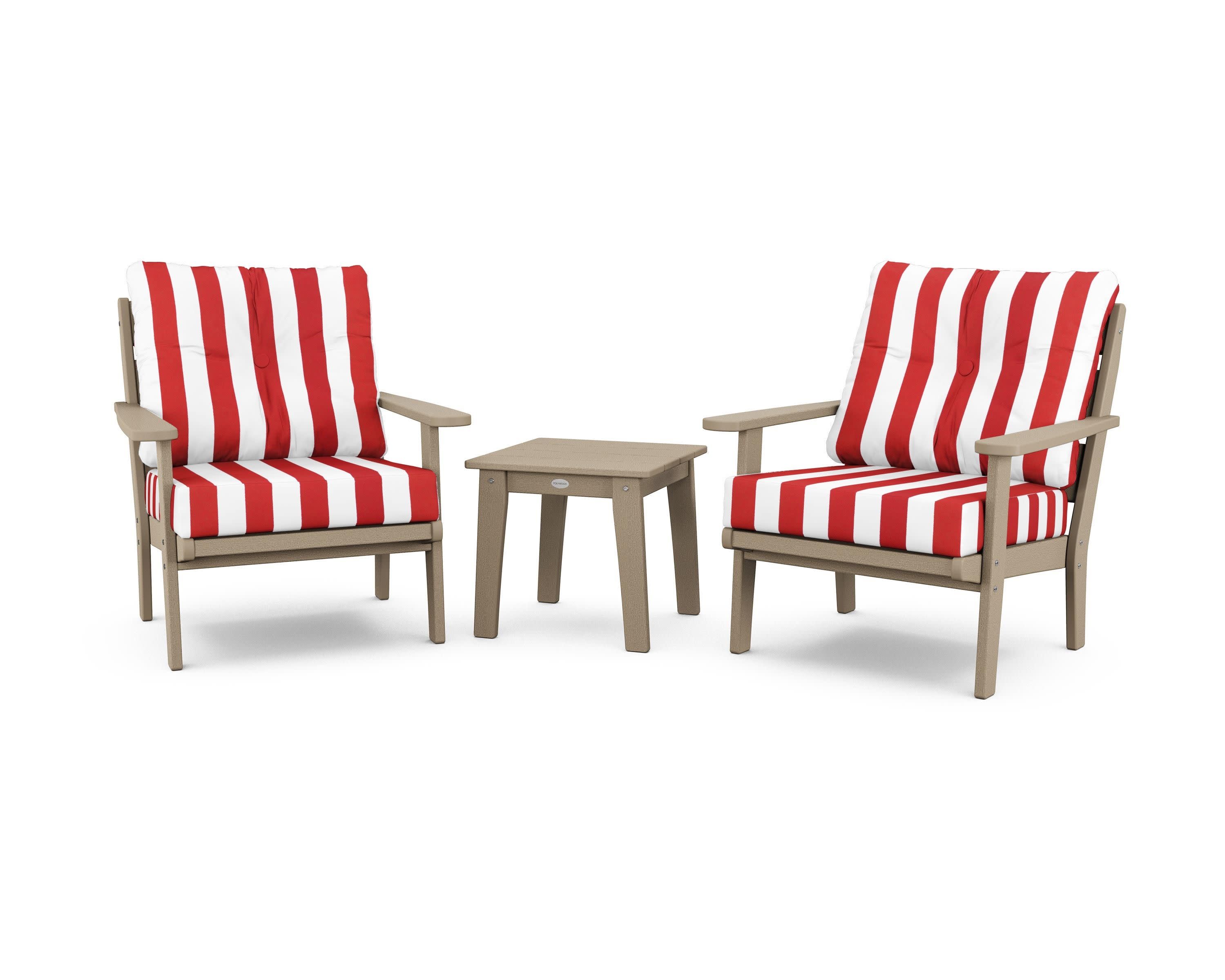 Lakeside 3-Piece Deep Seating Chair Set in Vintage Sahara / Cabana Stripe Crimson