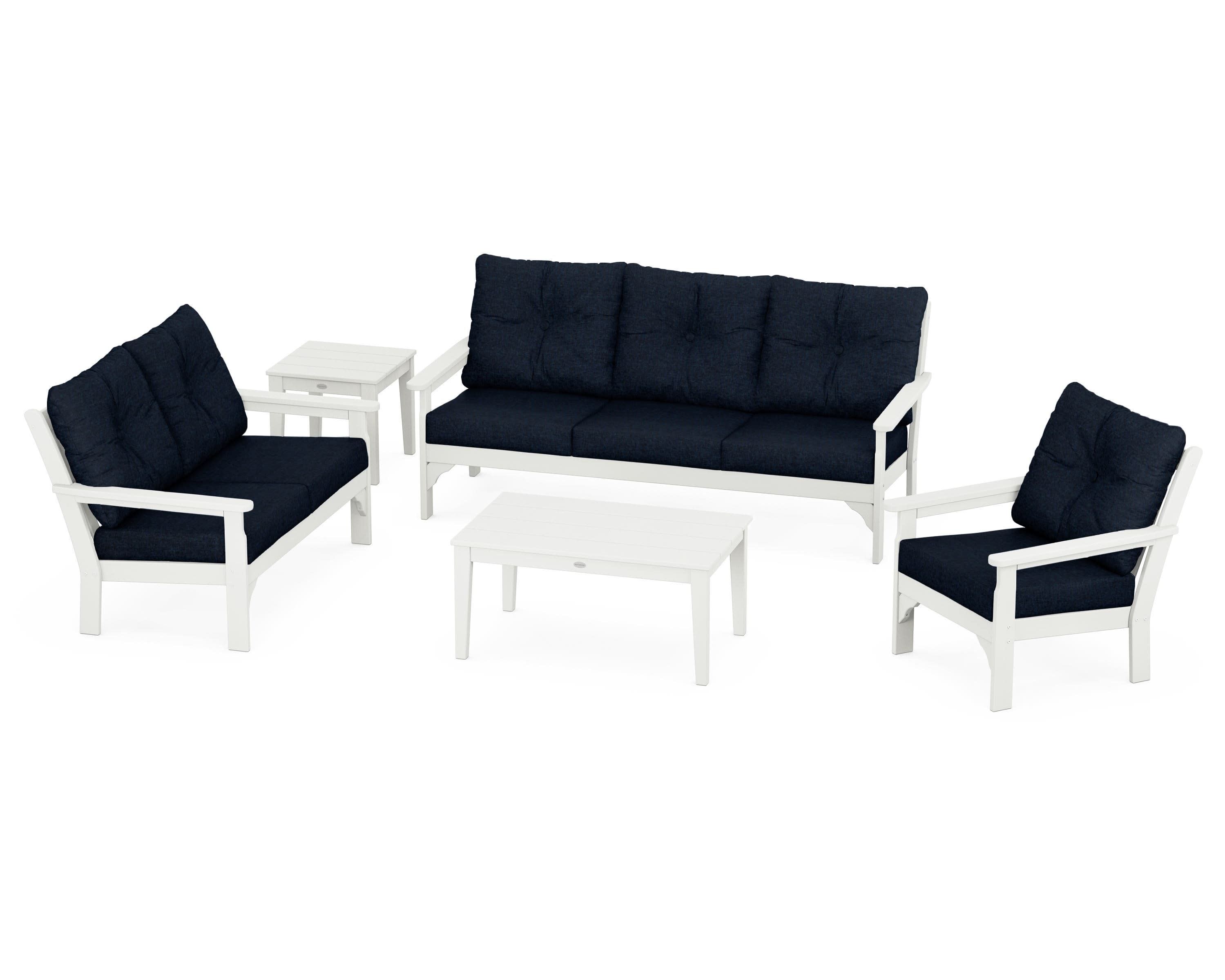 Vineyard 5 Piece Deep Seating Set in Vintage White / Marine Indigo