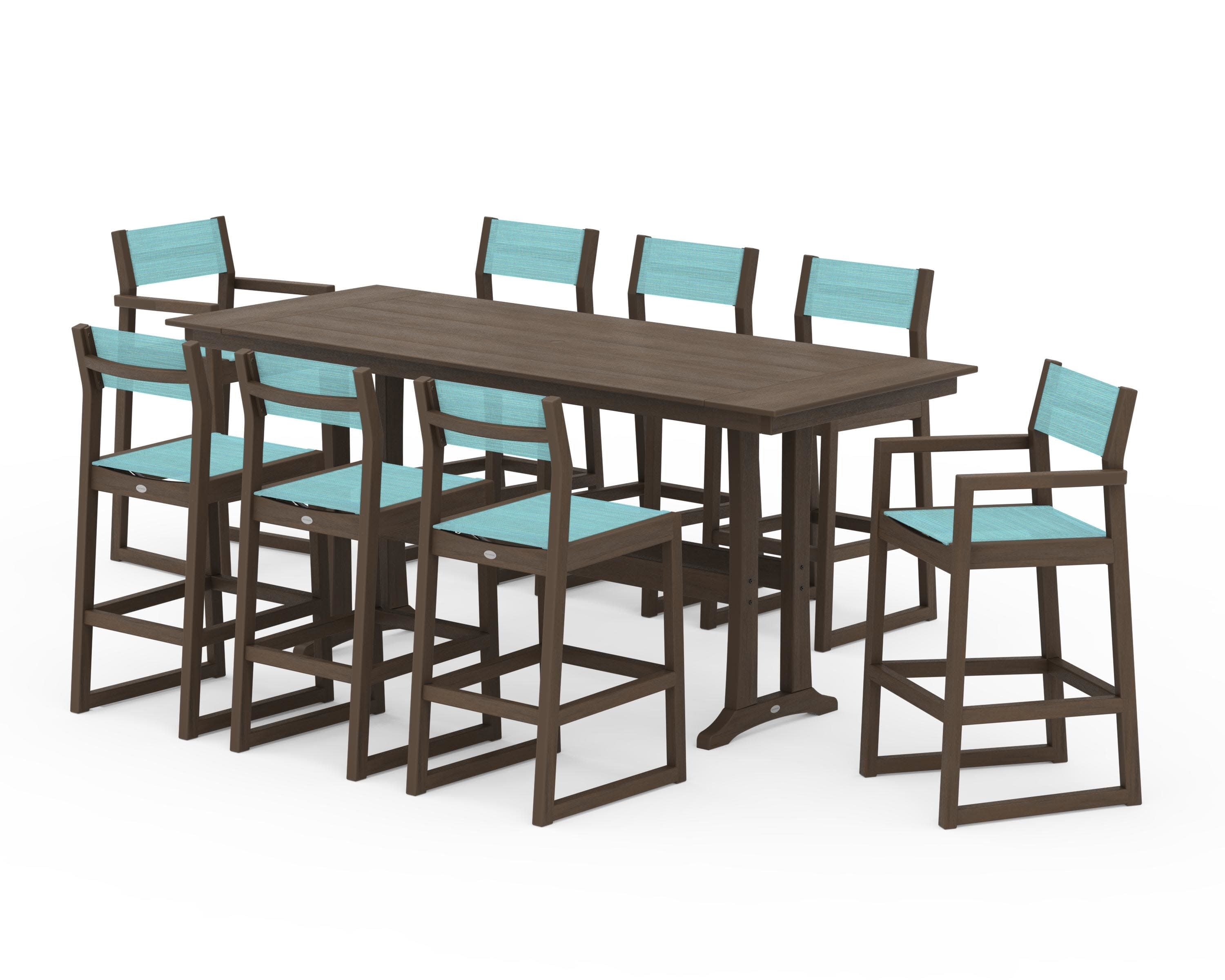 EDGE Sling 9-Piece Farmhouse Bar Set with Trestle Legs in Kona / Dupioni Aquamarine Sling