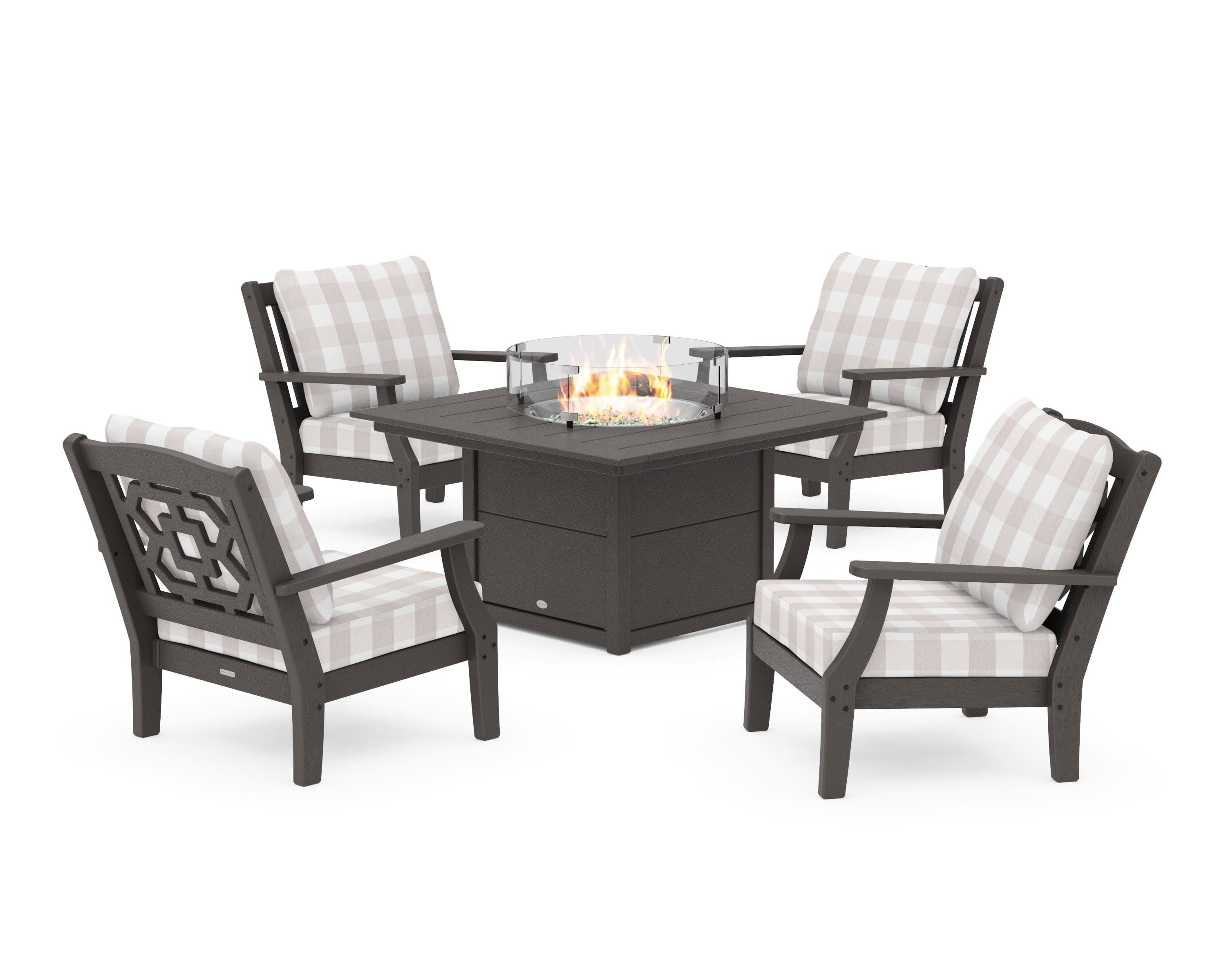 Chinoiserie 5-Piece Deep Seating Set with Fire Pit Table in Vintage Coffee / Buffalo Plaid Dune Burlap