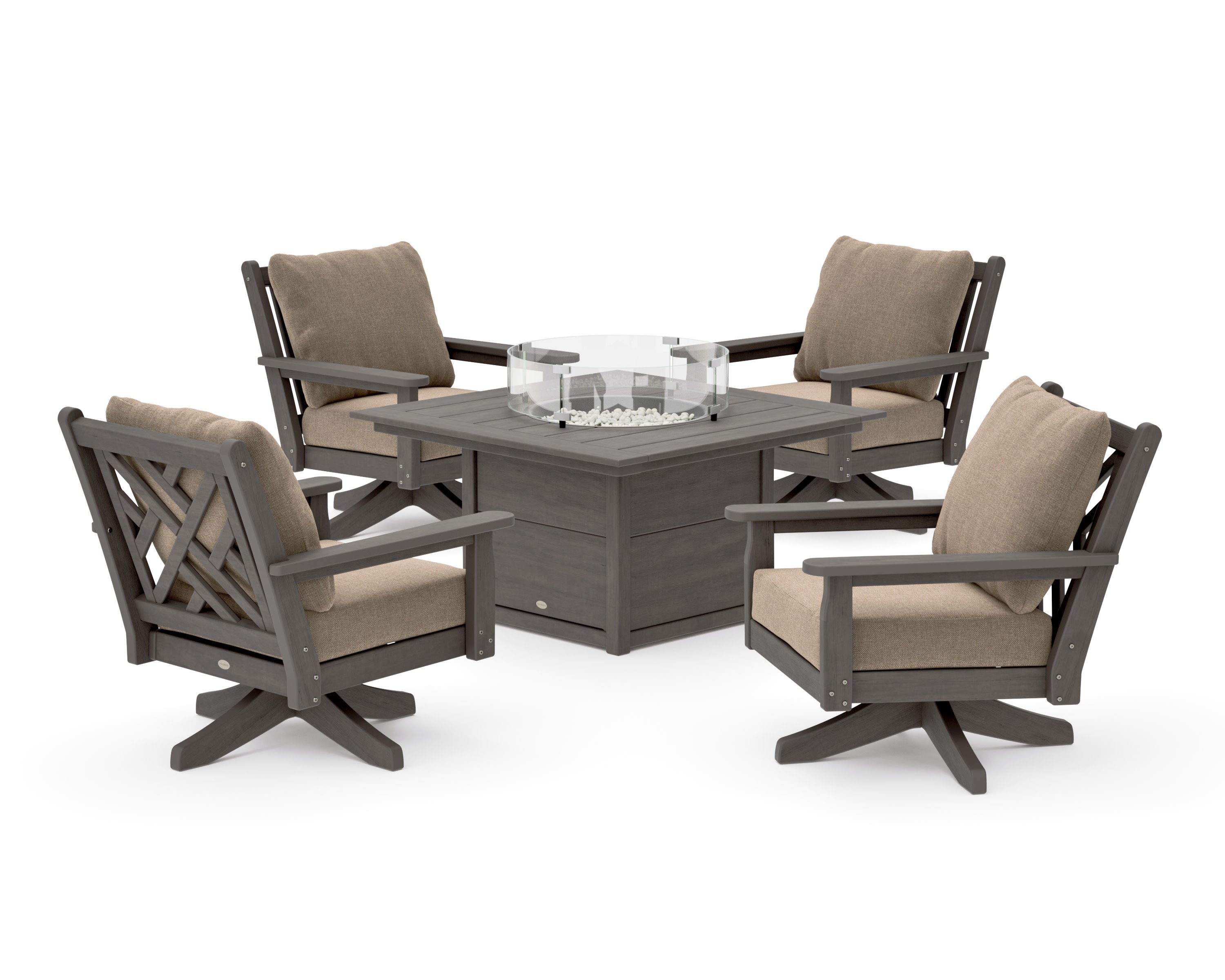 Chippendale 5-Piece Deep Seating Swivel Conversation Set with Fire Pit Table in Driftwood / Spiced Burlap